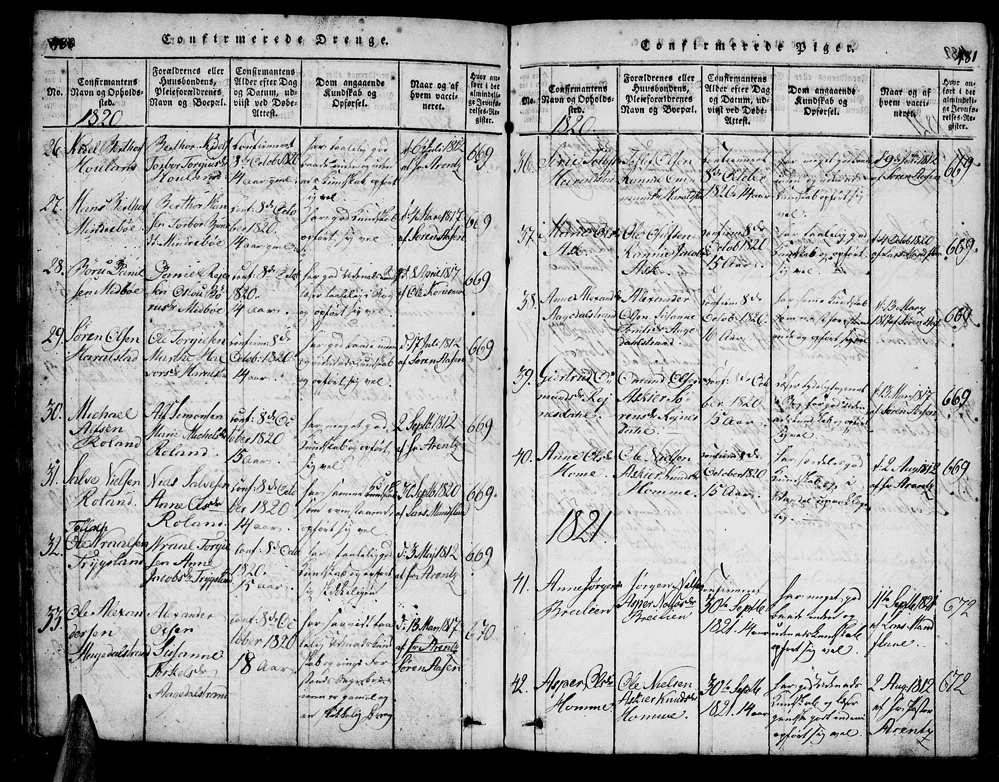 Bjelland sokneprestkontor, SAK/1111-0005/F/Fa/Faa/L0002: Parish register (official) no. A 2, 1816-1866, p. 480-481