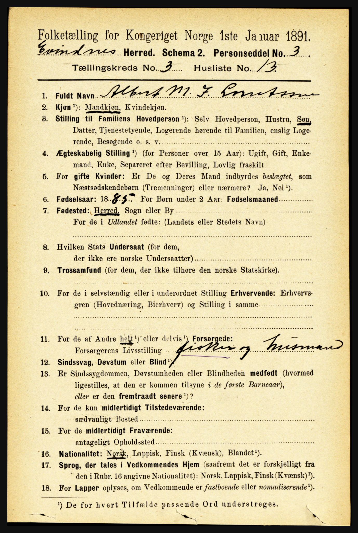 RA, 1891 census for 1853 Evenes, 1891, p. 846