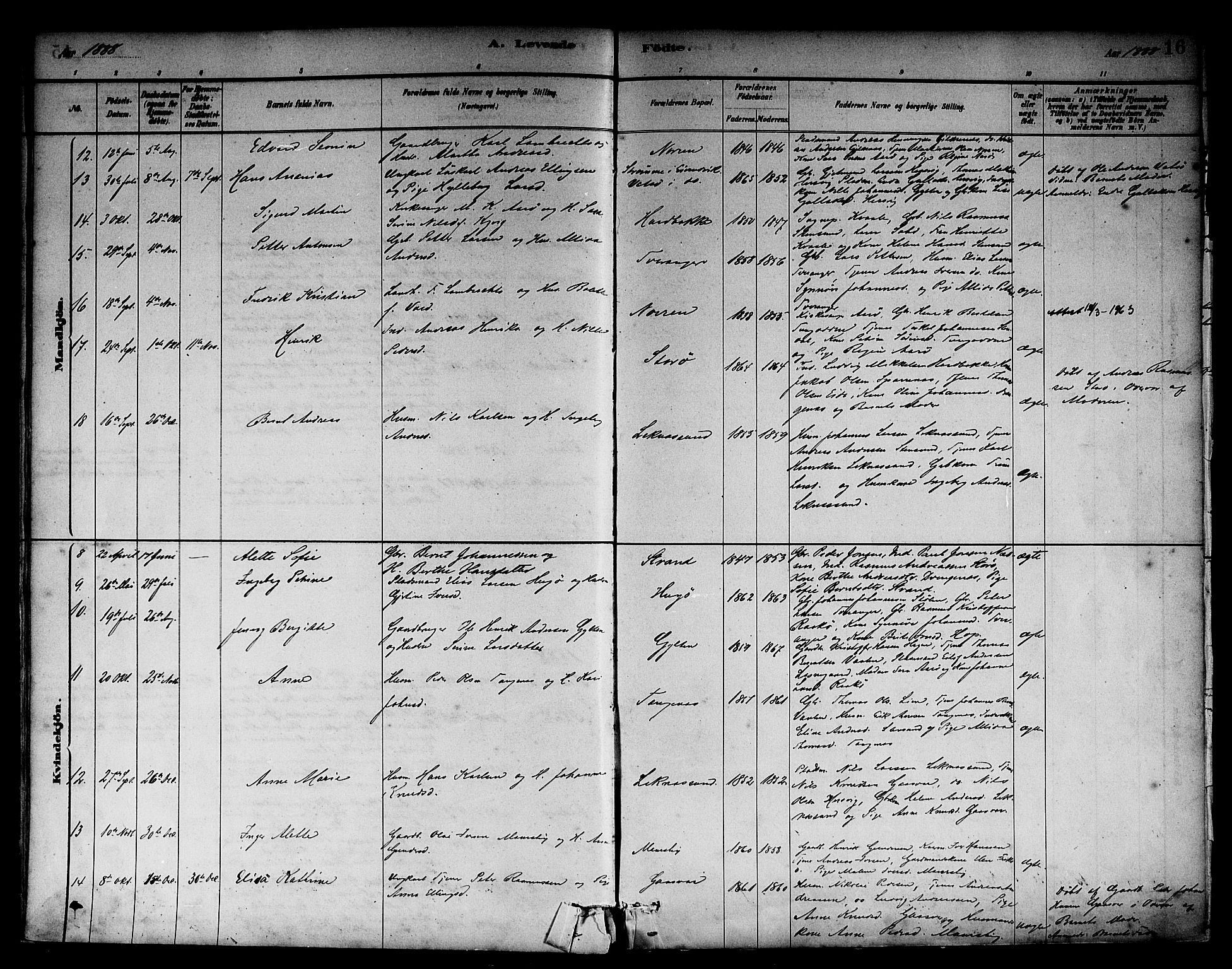Solund sokneprestembete, AV/SAB-A-81401: Parish register (official) no. A 1, 1881-1902, p. 16