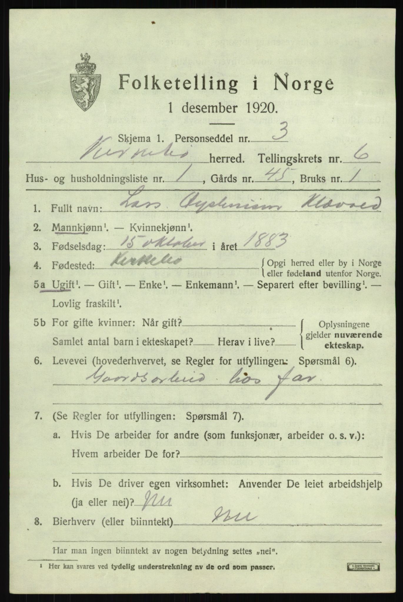 SAB, 1920 census for Kyrkjebø, 1920, p. 2921