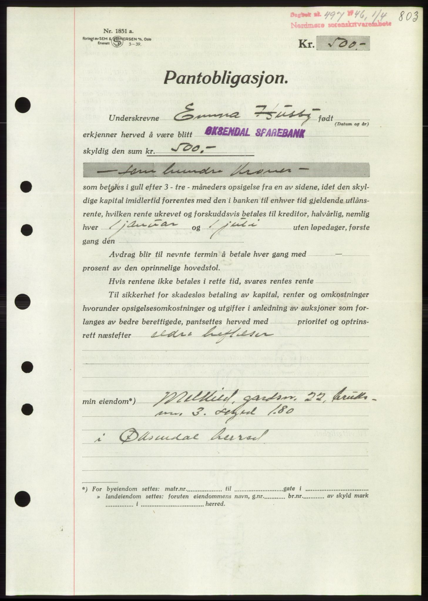 Nordmøre sorenskriveri, AV/SAT-A-4132/1/2/2Ca: Mortgage book no. B93b, 1946-1946, Diary no: : 497/1946