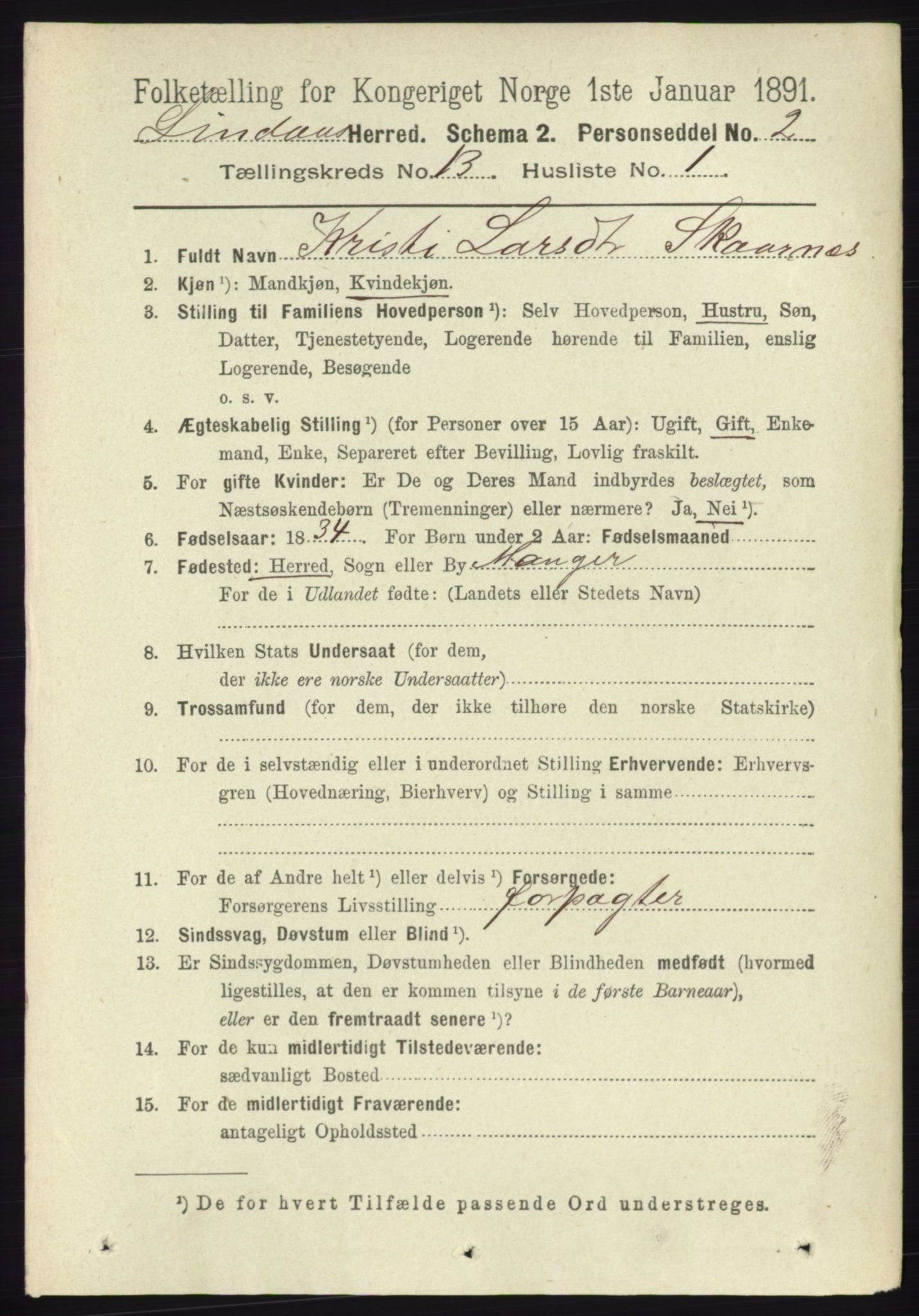 RA, 1891 census for 1263 Lindås, 1891, p. 4543