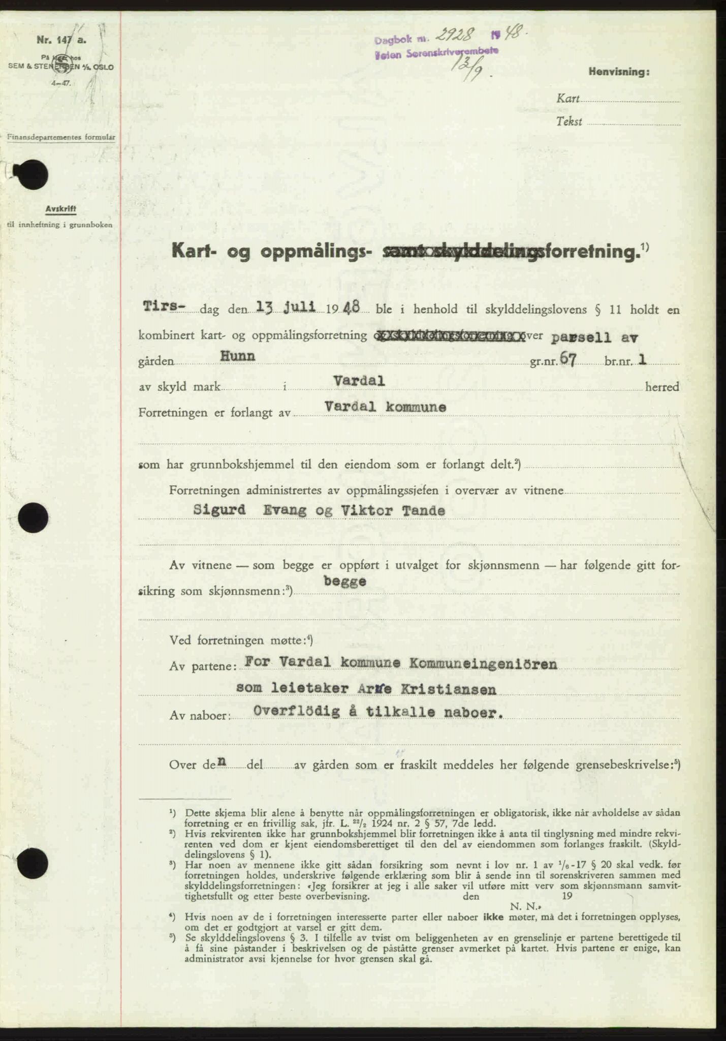 Toten tingrett, SAH/TING-006/H/Hb/Hbc/L0020: Mortgage book no. Hbc-20, 1948-1948, Diary no: : 2928/1948