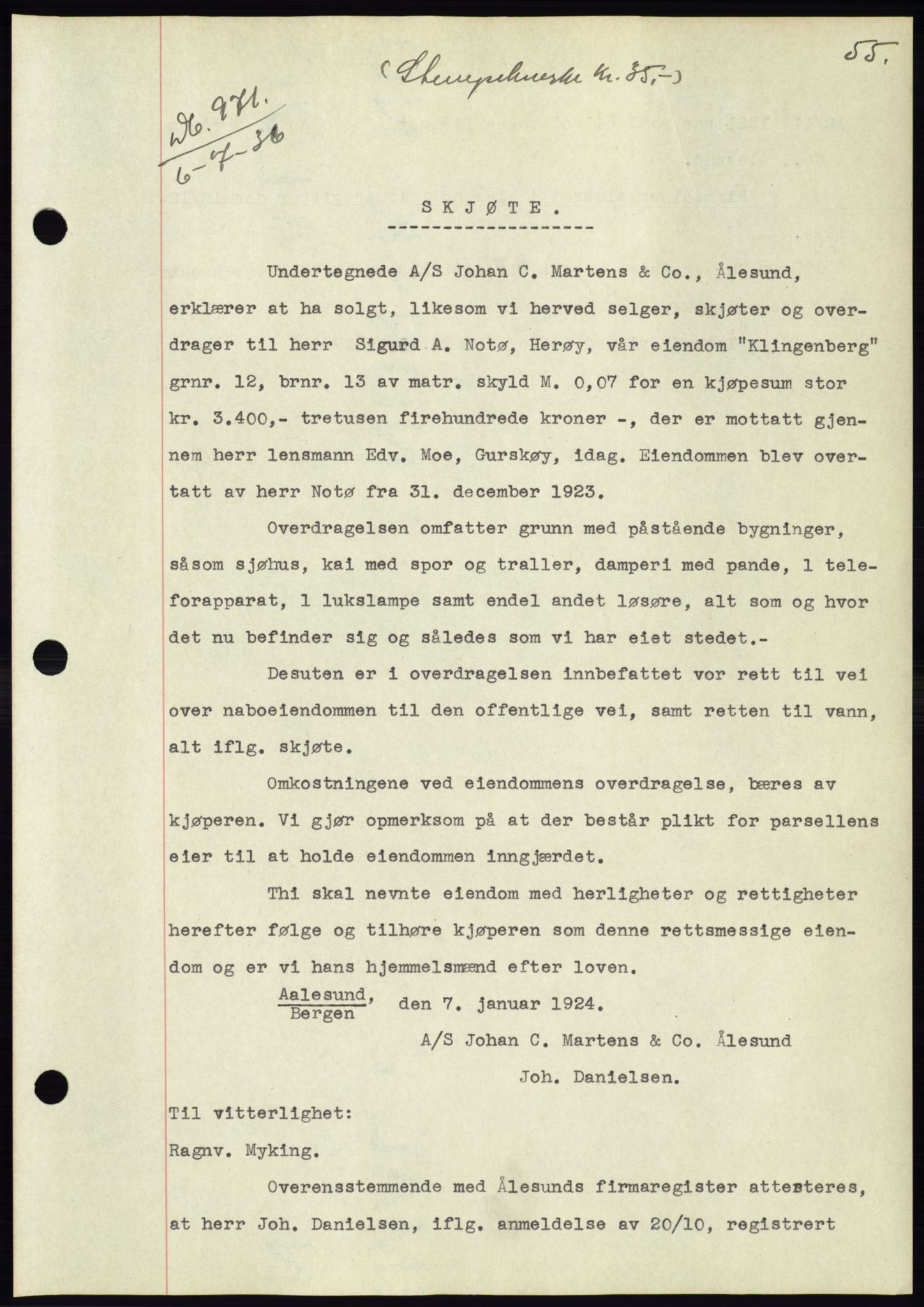 Søre Sunnmøre sorenskriveri, AV/SAT-A-4122/1/2/2C/L0061: Mortgage book no. 55, 1936-1936, Diary no: : 971/1936