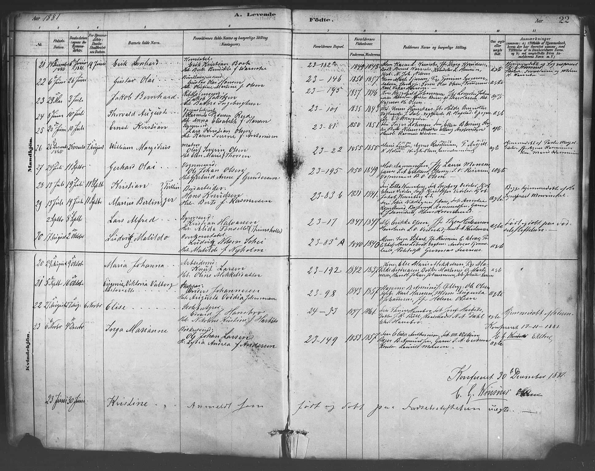 Mariakirken Sokneprestembete, AV/SAB-A-76901/H/Haa/L0007: Parish register (official) no. A 7, 1878-1893, p. 22