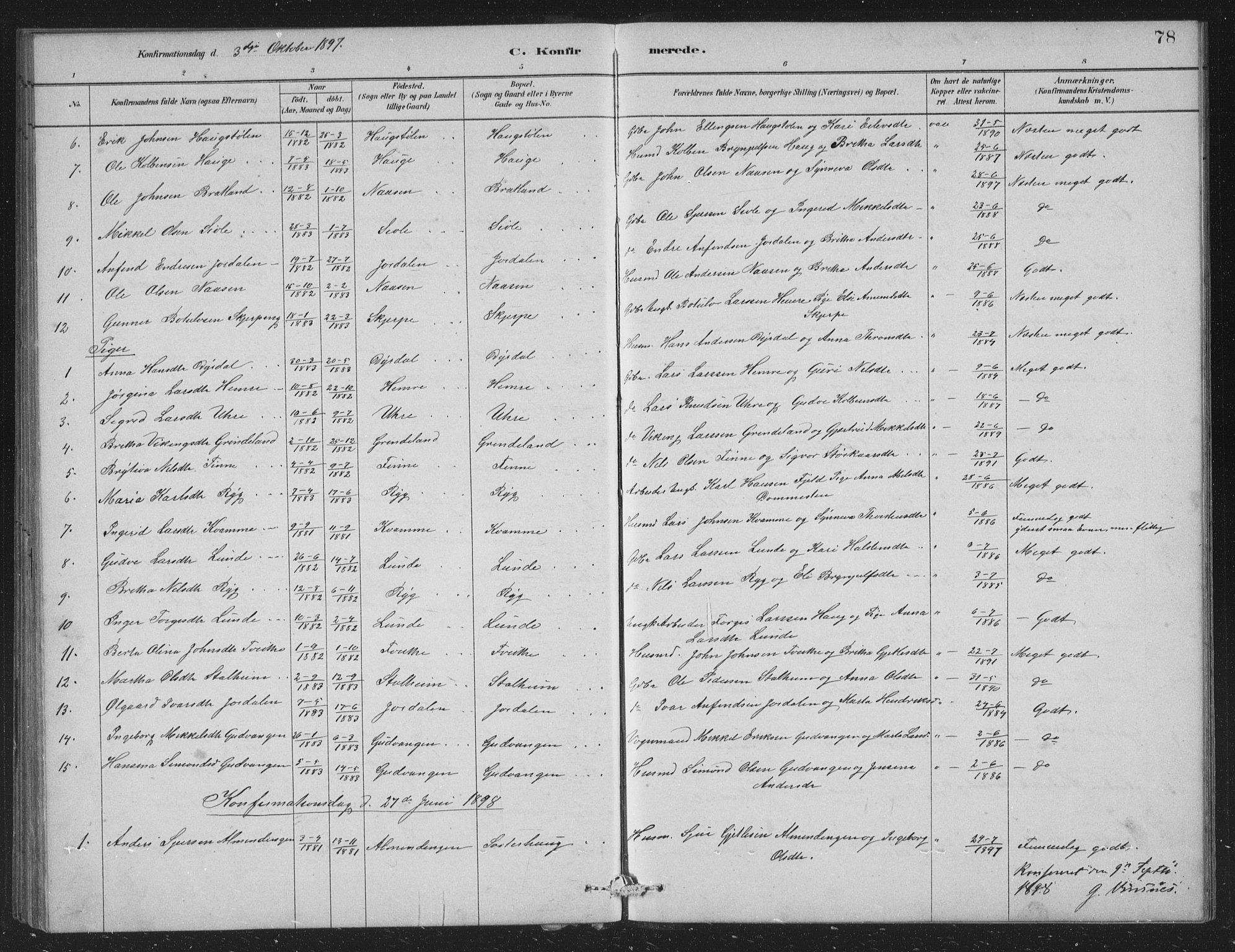 Vossestrand Sokneprestembete, SAB/A-79101/H/Hab: Parish register (copy) no. A 2, 1880-1902, p. 78