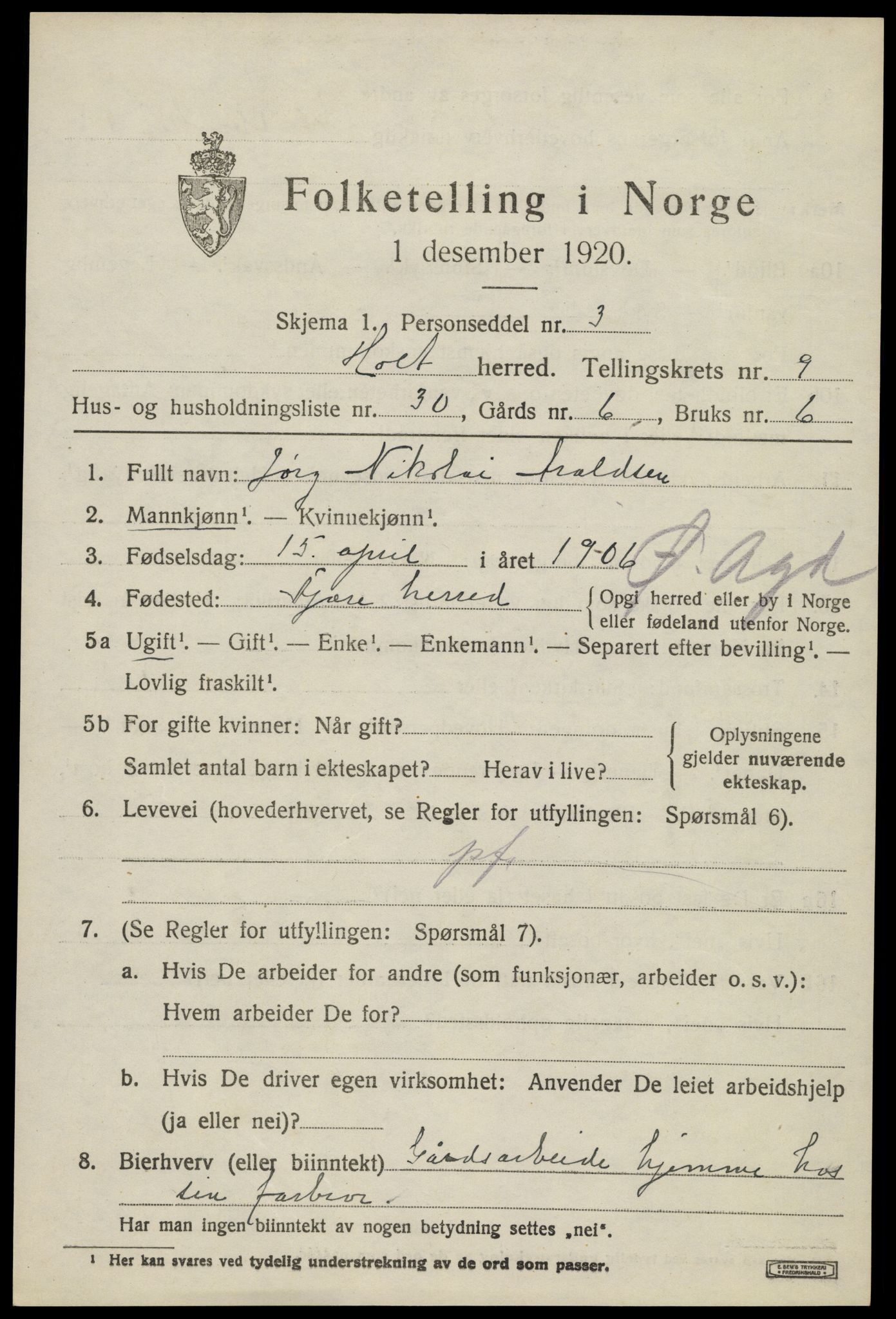 SAK, 1920 census for Holt, 1920, p. 5432