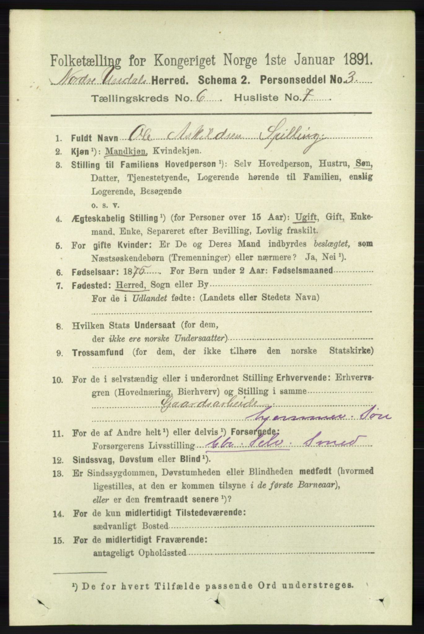 RA, 1891 census for 1028 Nord-Audnedal, 1891, p. 1542