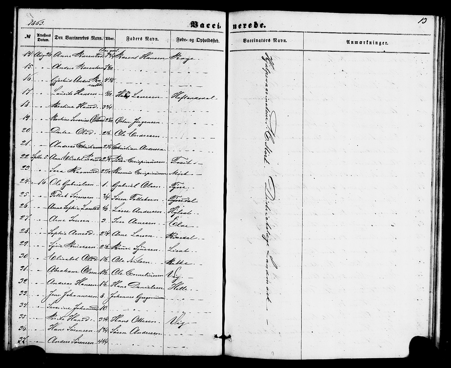 Fjaler sokneprestembete, AV/SAB-A-79801/H/Haa/Haaa/L0011: Parish register (official) no. A 11, 1860-1867, p. 13