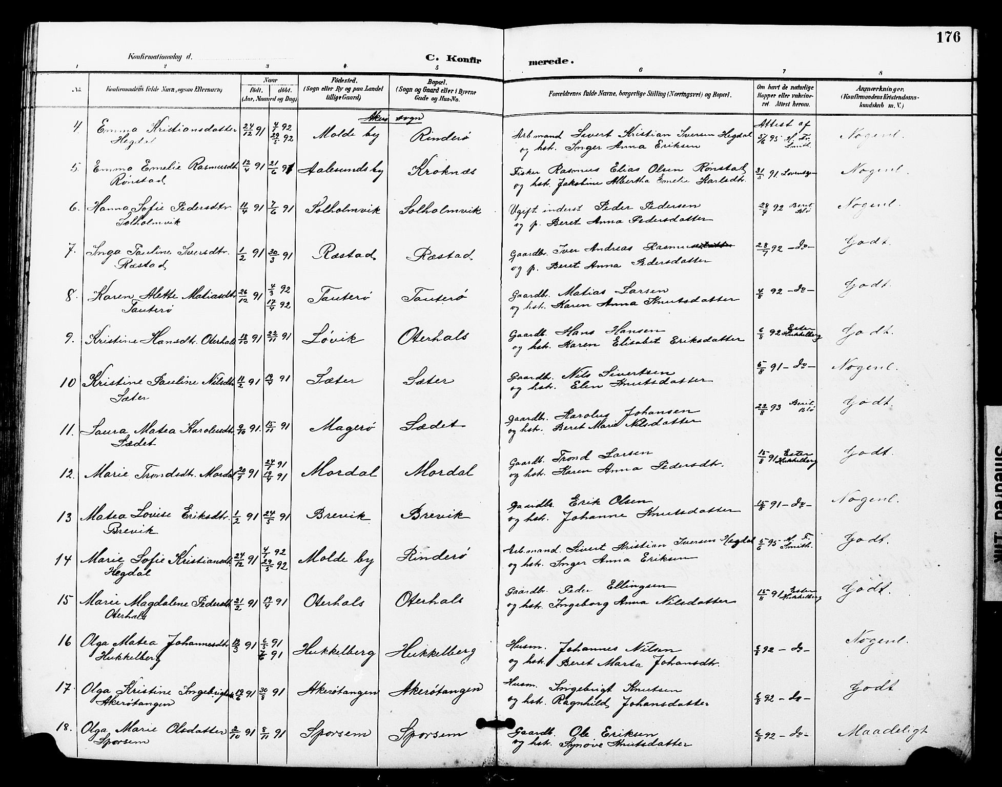 Ministerialprotokoller, klokkerbøker og fødselsregistre - Møre og Romsdal, SAT/A-1454/560/L0725: Parish register (copy) no. 560C02, 1895-1930, p. 176