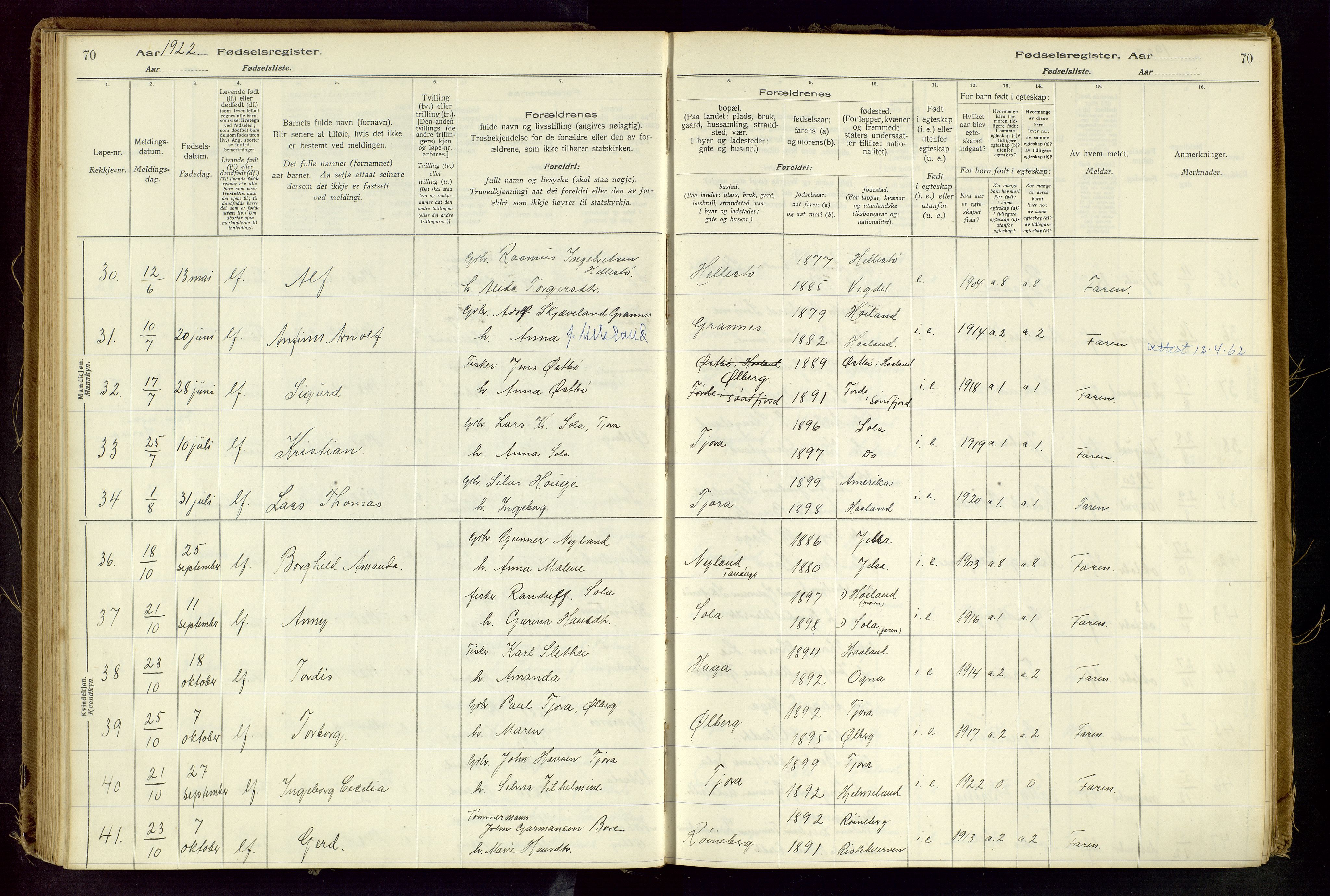 Håland sokneprestkontor, AV/SAST-A-101802/001/704BA/L0001: Birth register no. 1, 1916-1936, p. 70