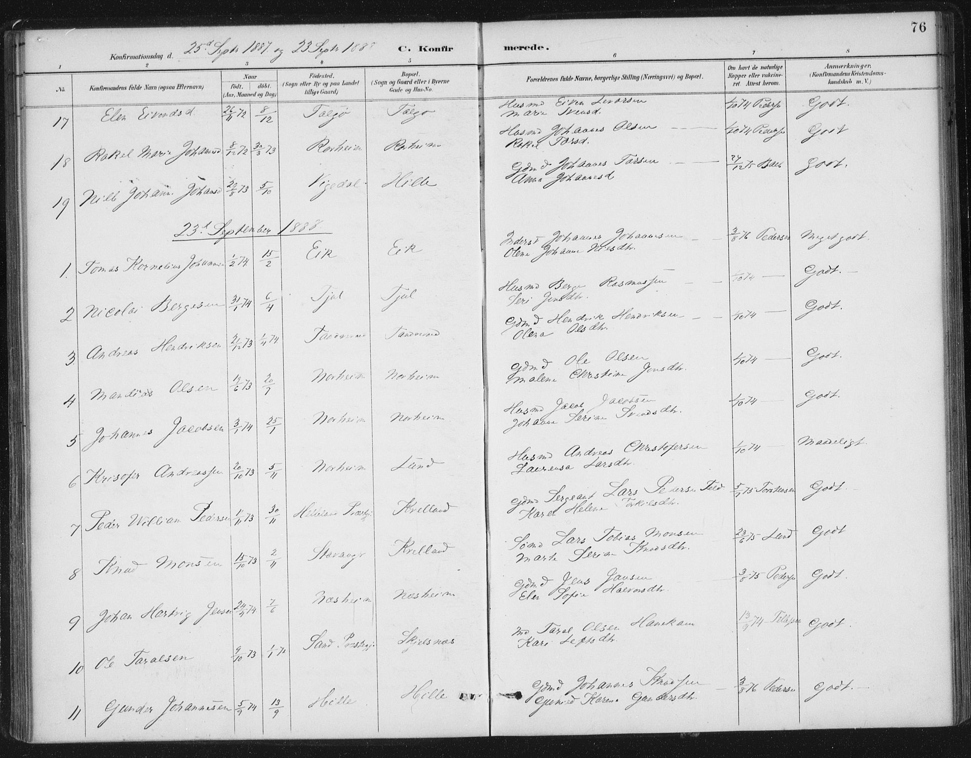 Nedstrand sokneprestkontor, AV/SAST-A-101841/01/IV: Parish register (official) no. A 13, 1887-1915, p. 76