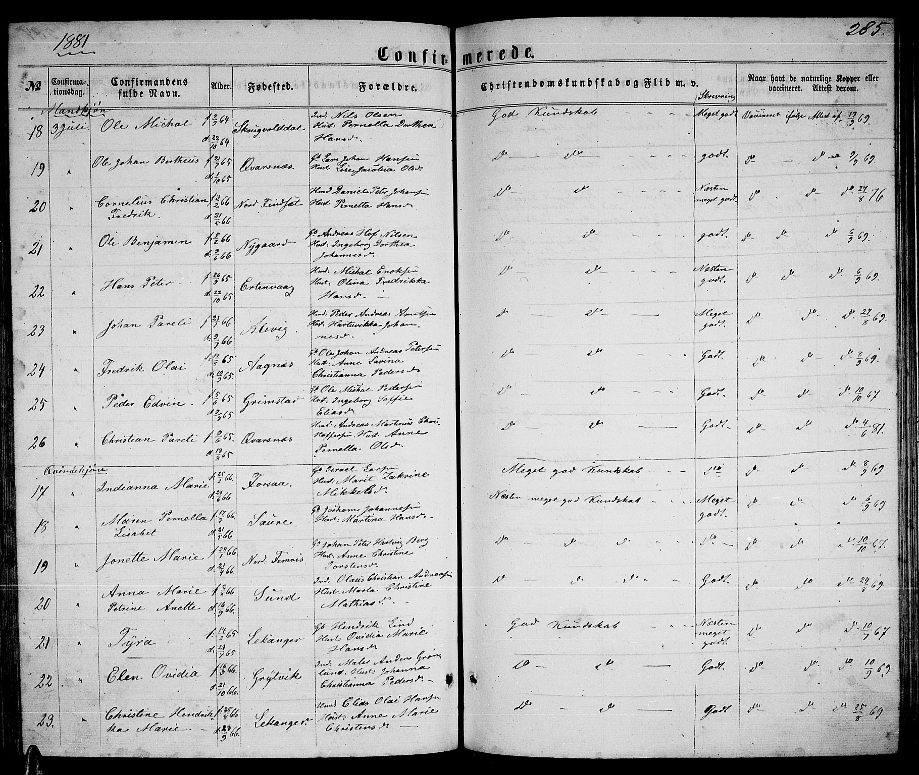 Ministerialprotokoller, klokkerbøker og fødselsregistre - Nordland, AV/SAT-A-1459/805/L0107: Parish register (copy) no. 805C03, 1862-1885, p. 285