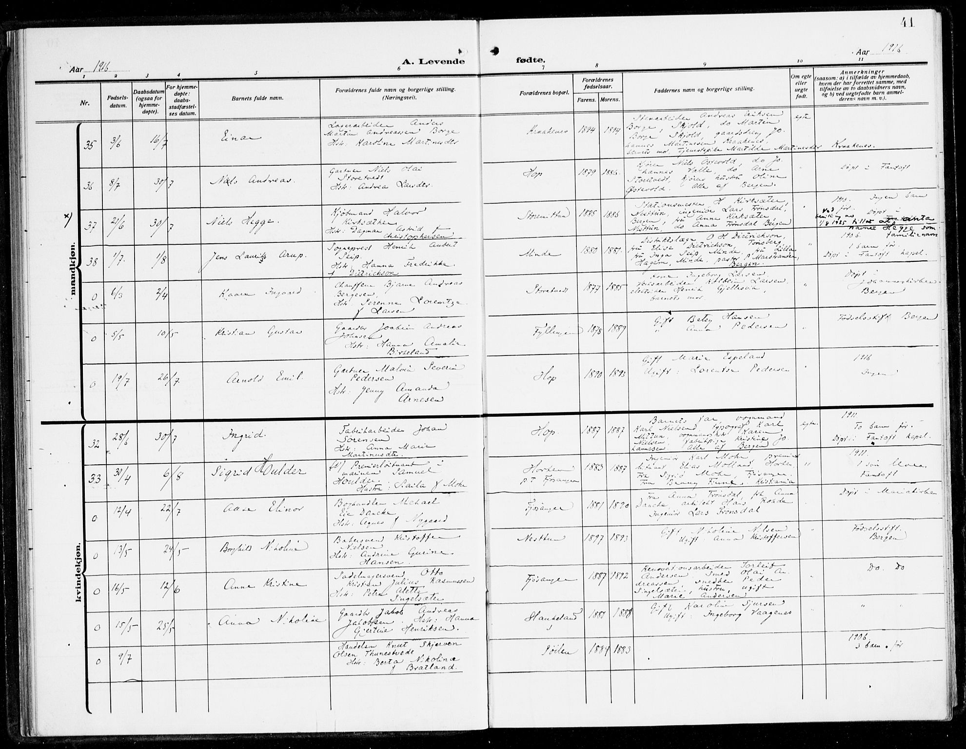 Fana Sokneprestembete, AV/SAB-A-75101/H/Haa/Haai/L0004: Parish register (official) no. I 4, 1912-1933, p. 41