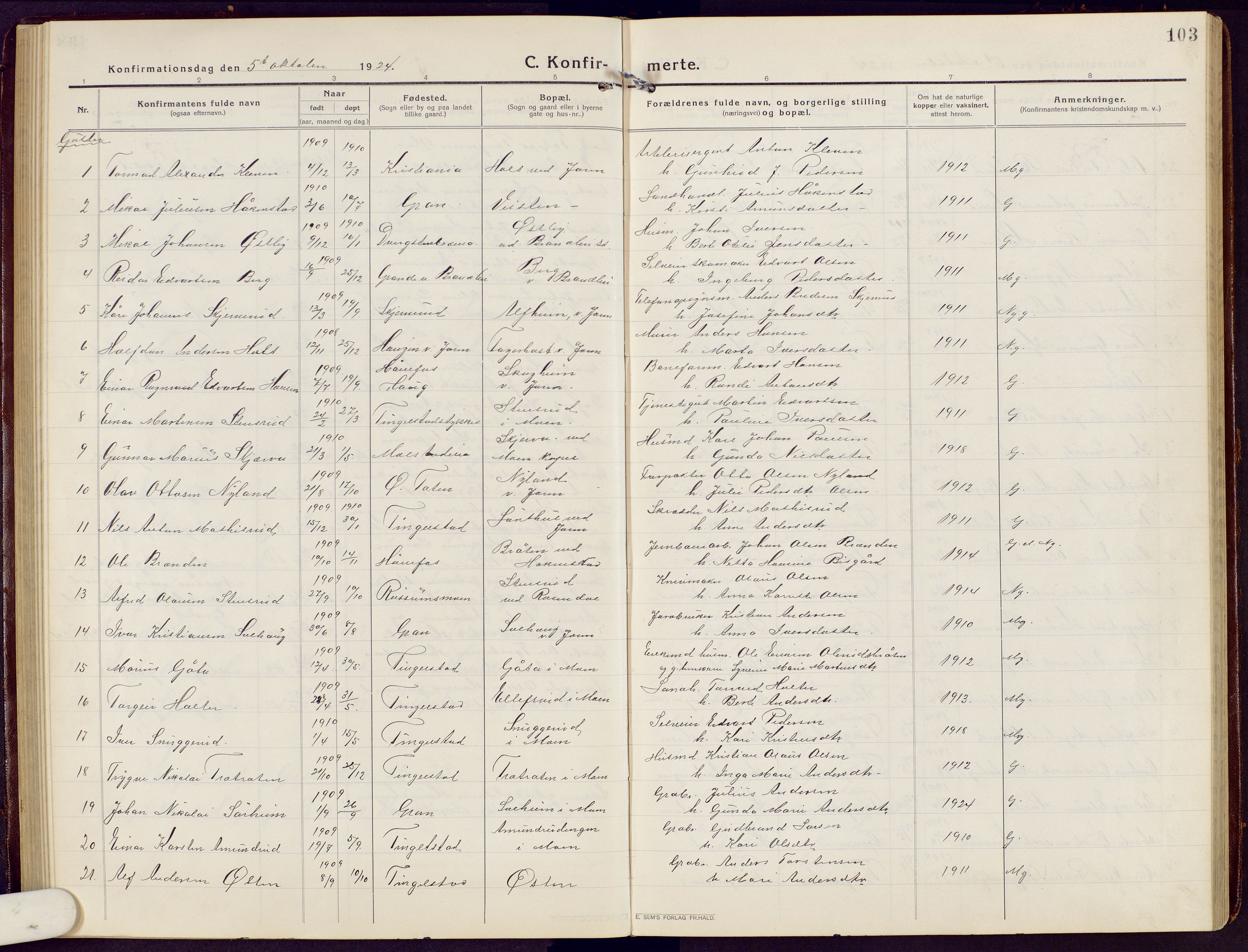 Brandbu prestekontor, SAH/PREST-114/H/Ha/Hab/L0010: Parish register (copy) no. 10, 1916-1930, p. 103