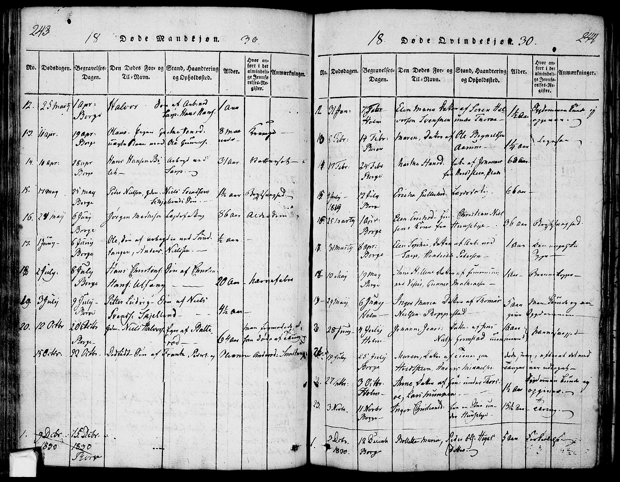 Borge prestekontor Kirkebøker, AV/SAO-A-10903/F/Fa/L0003: Parish register (official) no. I 3, 1815-1836, p. 243-244