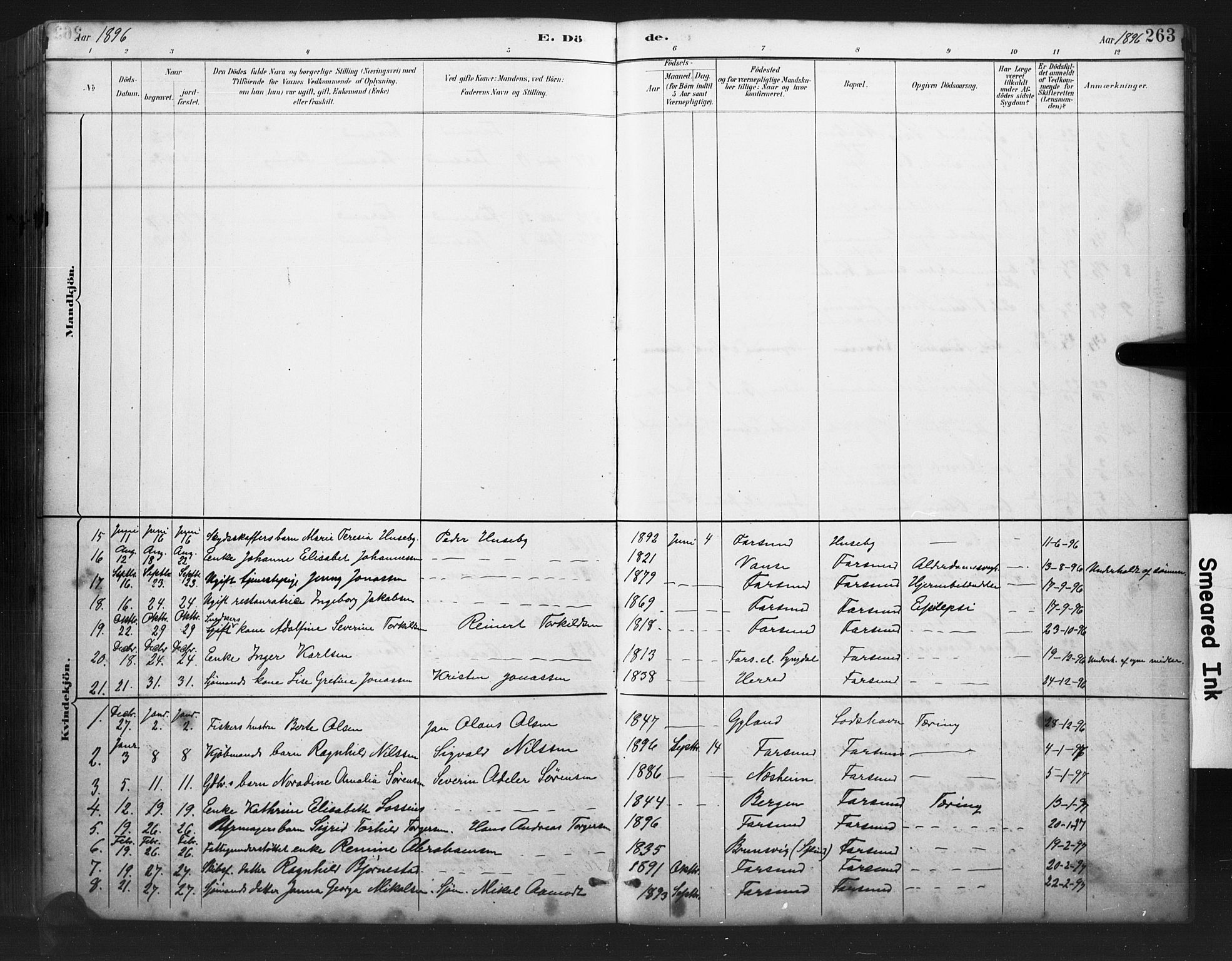 Farsund sokneprestkontor, AV/SAK-1111-0009/F/Fb/L0001: Parish register (copy) no. B 1, 1886-1931, p. 263