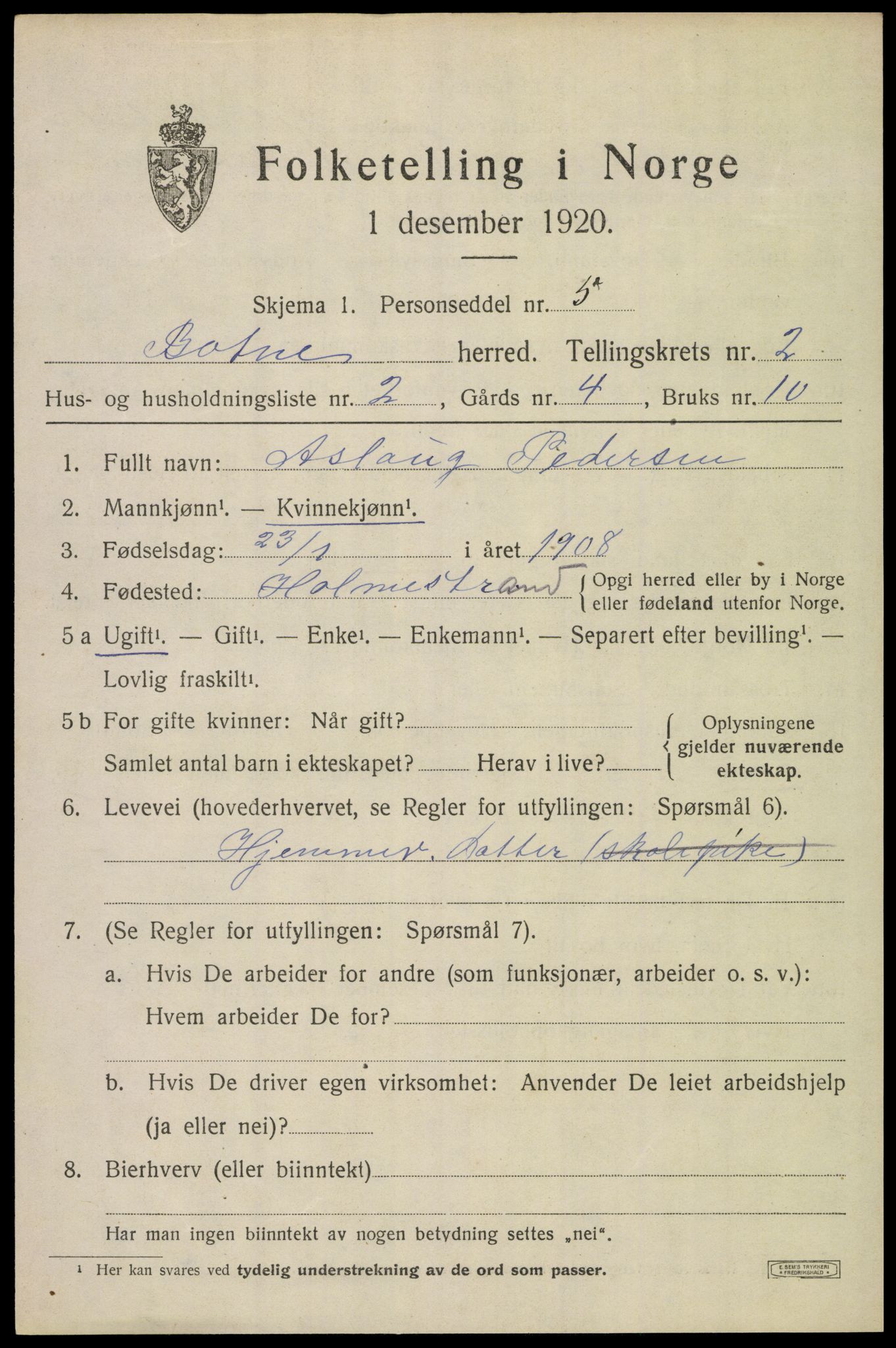 SAKO, 1920 census for Botne, 1920, p. 2147