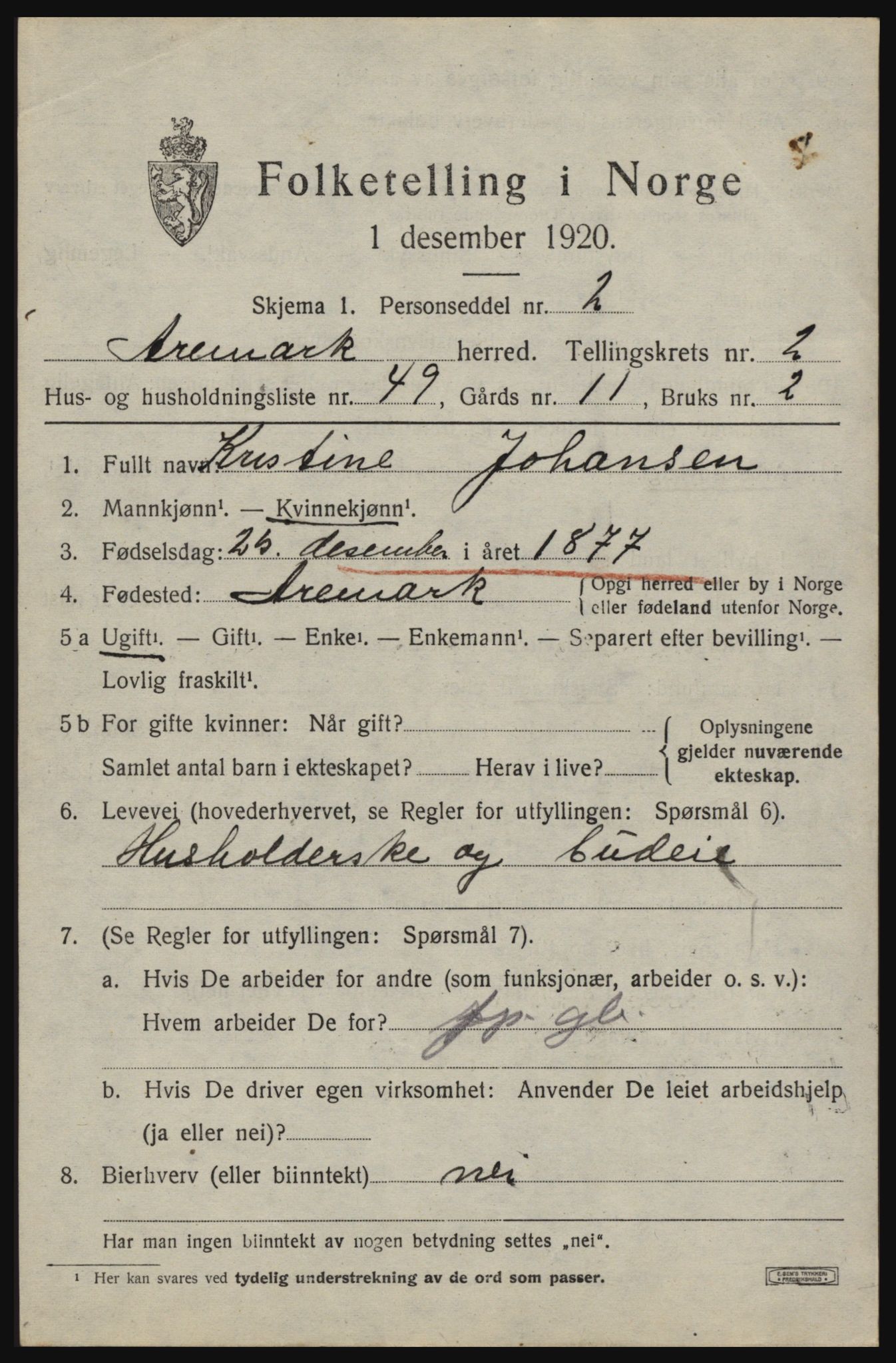 SAO, 1920 census for Aremark, 1920, p. 2123