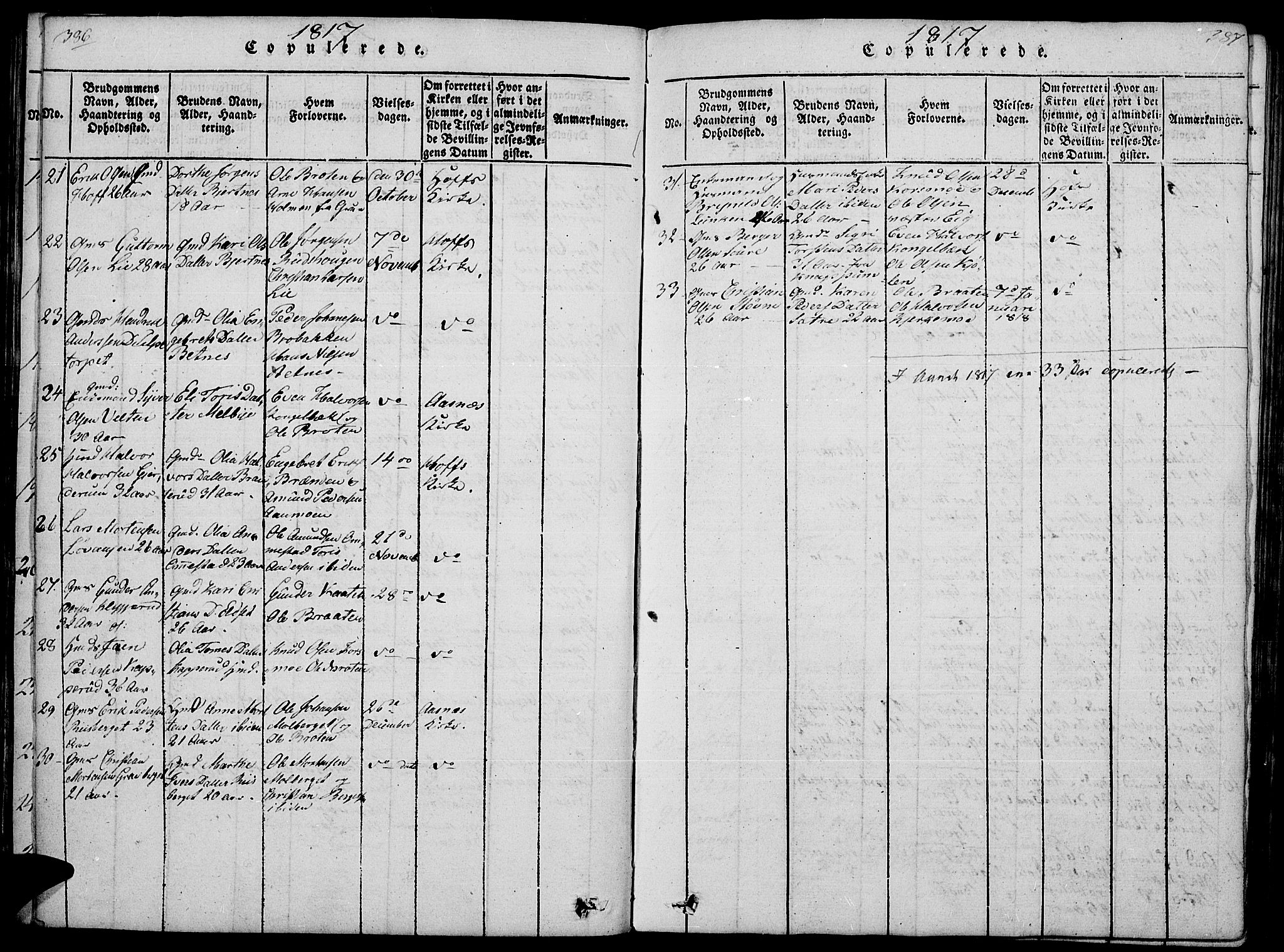 Hof prestekontor, SAH/PREST-038/H/Ha/Haa/L0005: Parish register (official) no. 5, 1816-1822, p. 386-387