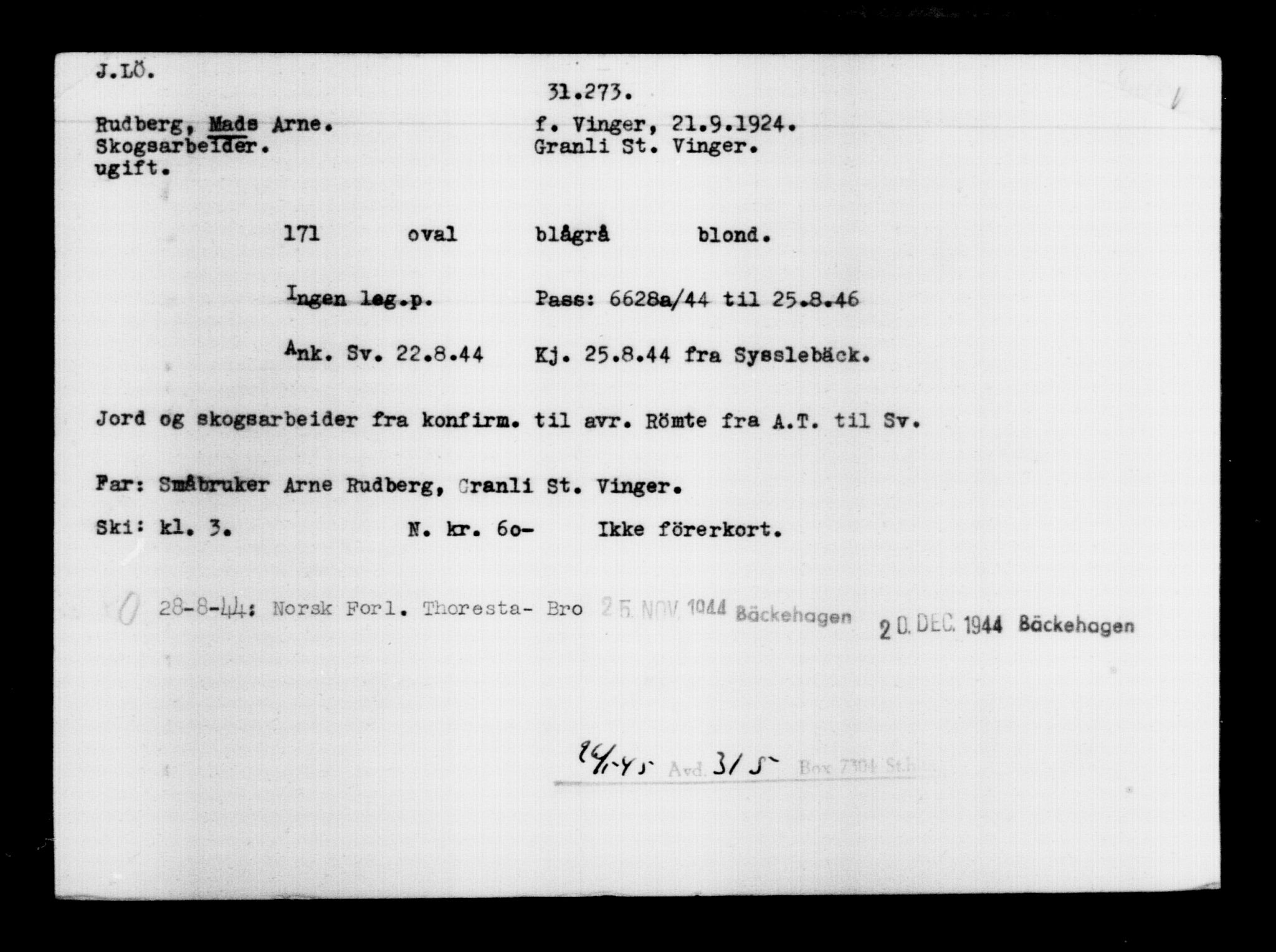 Utenriksstasjonene, Legasjonen i Stockholm, Flyktningkontoret, AV/RA-S-6753/V/Va/L0012: Kjesäterkartoteket, flyktninger med registreringsnr. 28300-31566, 1940-1945, p. 3220