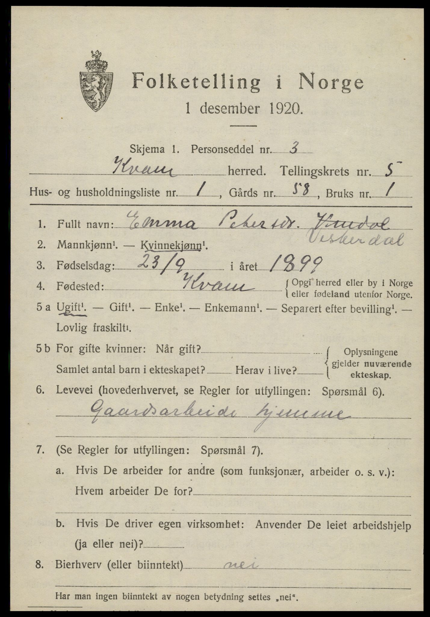 SAT, 1920 census for Kvam, 1920, p. 1381