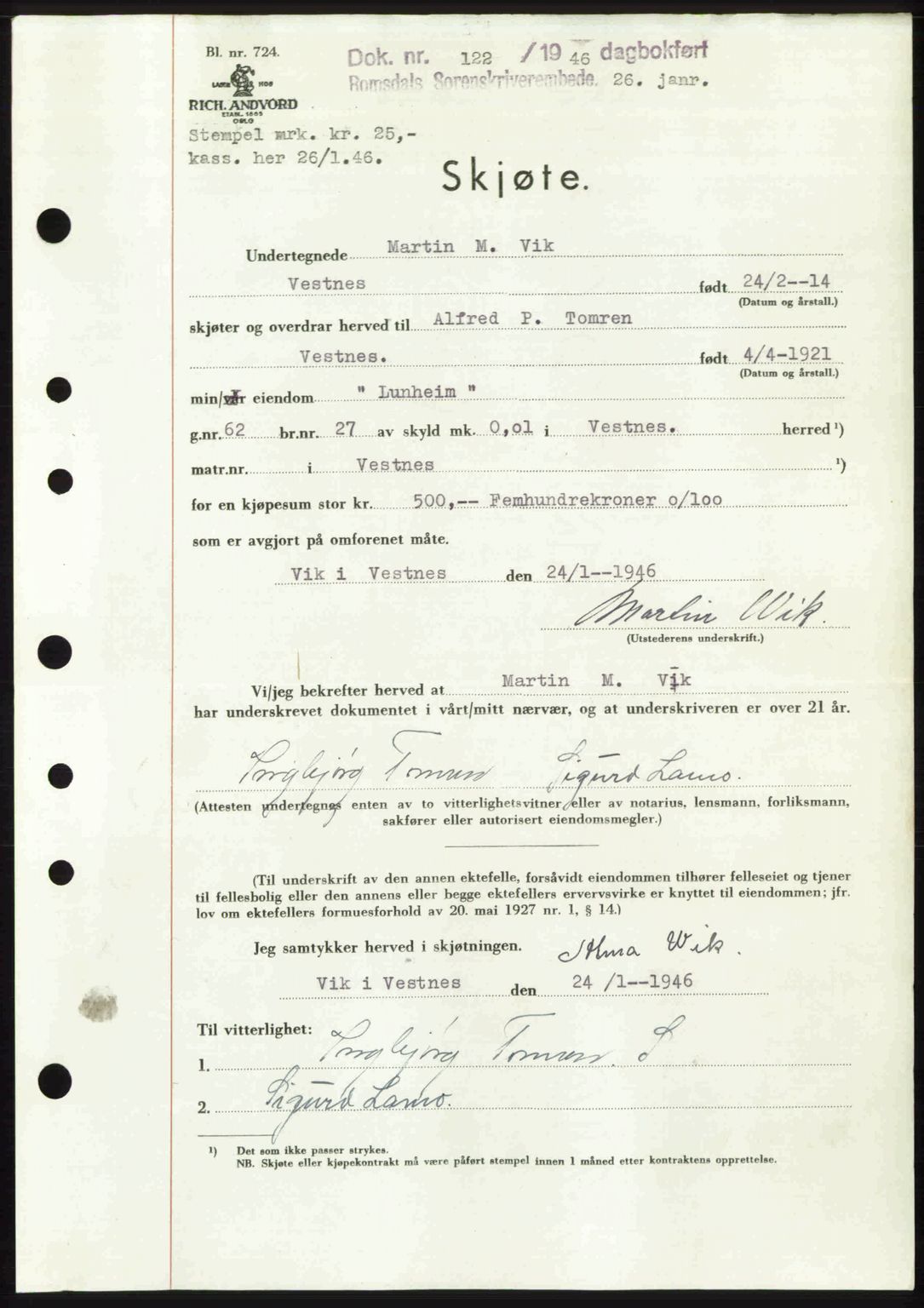 Romsdal sorenskriveri, SAT/A-4149/1/2/2C: Mortgage book no. A19, 1946-1946, Diary no: : 122/1946