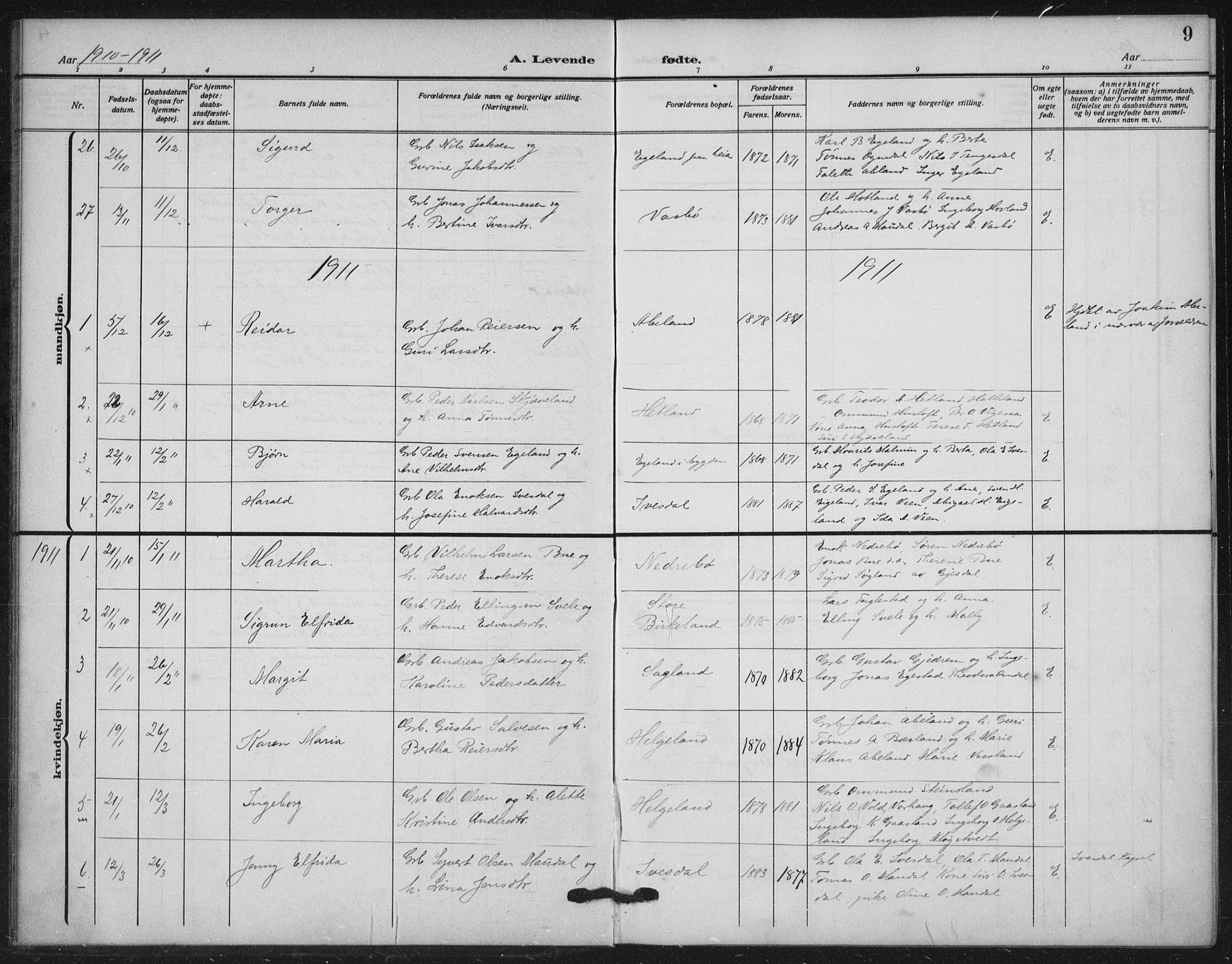 Helleland sokneprestkontor, SAST/A-101810: Parish register (official) no. A 11, 1909-1922, p. 9