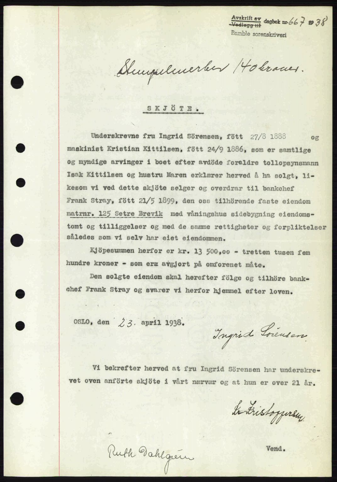 Bamble sorenskriveri, AV/SAKO-A-214/G/Ga/Gag/L0002: Mortgage book no. A-2, 1937-1938, Diary no: : 667/1938