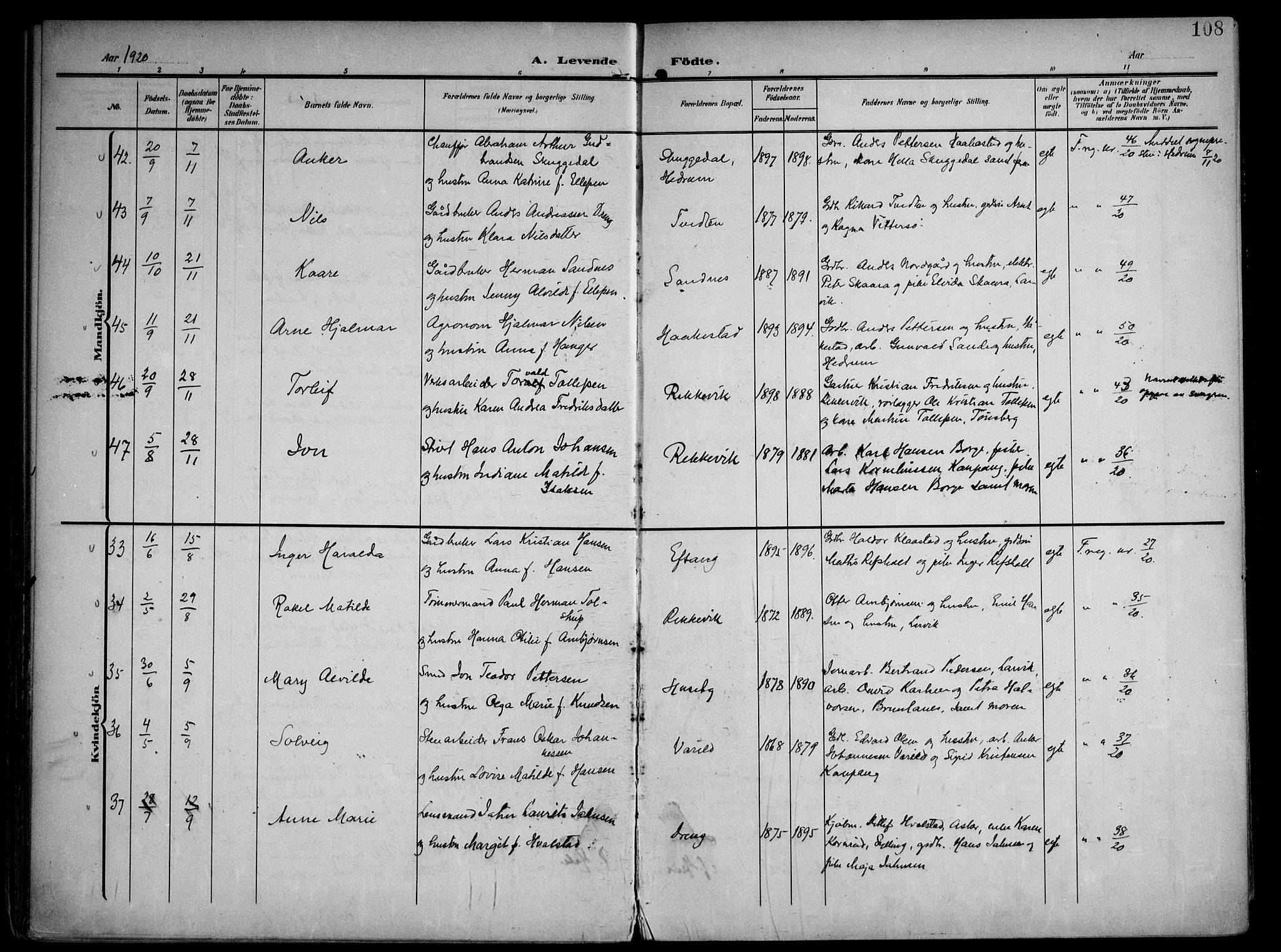 Tjølling kirkebøker, AV/SAKO-A-60/F/Fa/L0010: Parish register (official) no. 10, 1906-1923, p. 108