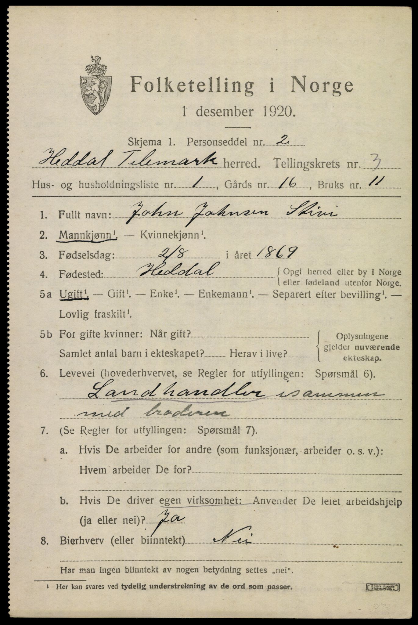 SAKO, 1920 census for Heddal, 1920, p. 3648