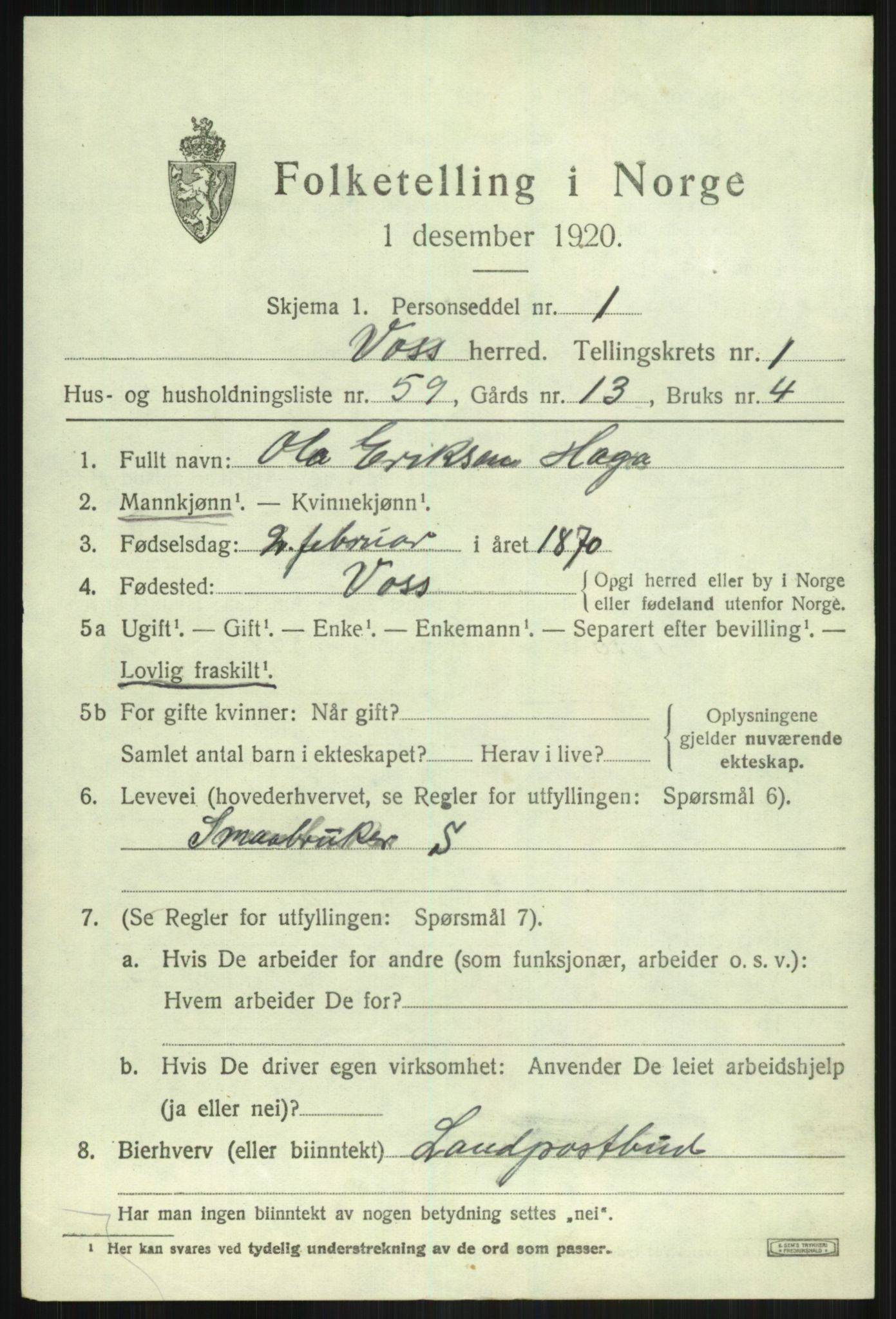 SAB, 1920 census for Voss, 1920, p. 3425