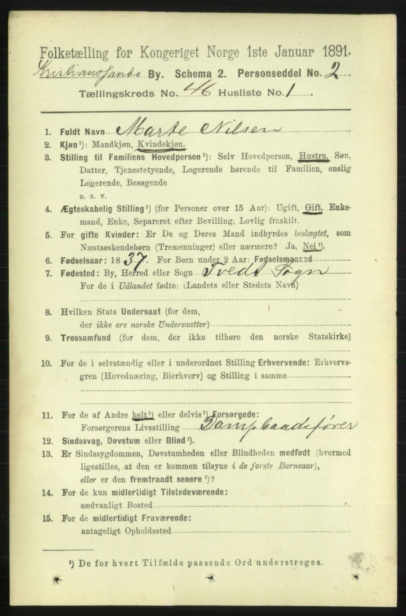 RA, 1891 census for 1001 Kristiansand, 1891, p. 14001