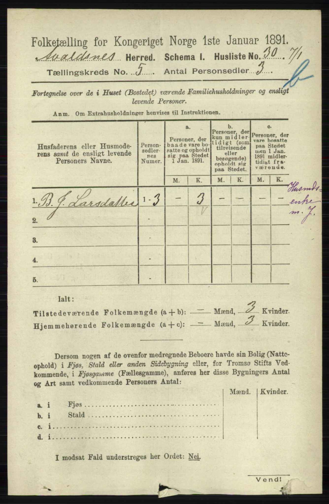 RA, 1891 census for 1147 Avaldsnes, 1891, p. 3018