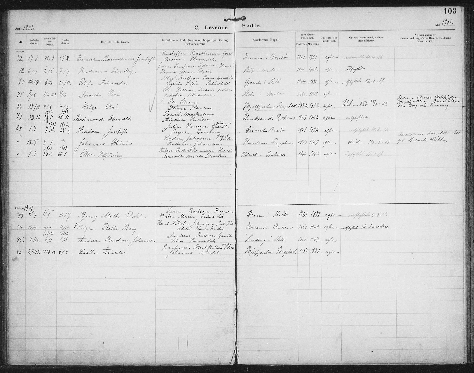 Ministerialprotokoller, klokkerbøker og fødselsregistre - Nordland, AV/SAT-A-1459/881/L1174: Dissenter register no. 881D01, 1891-1933, p. 103