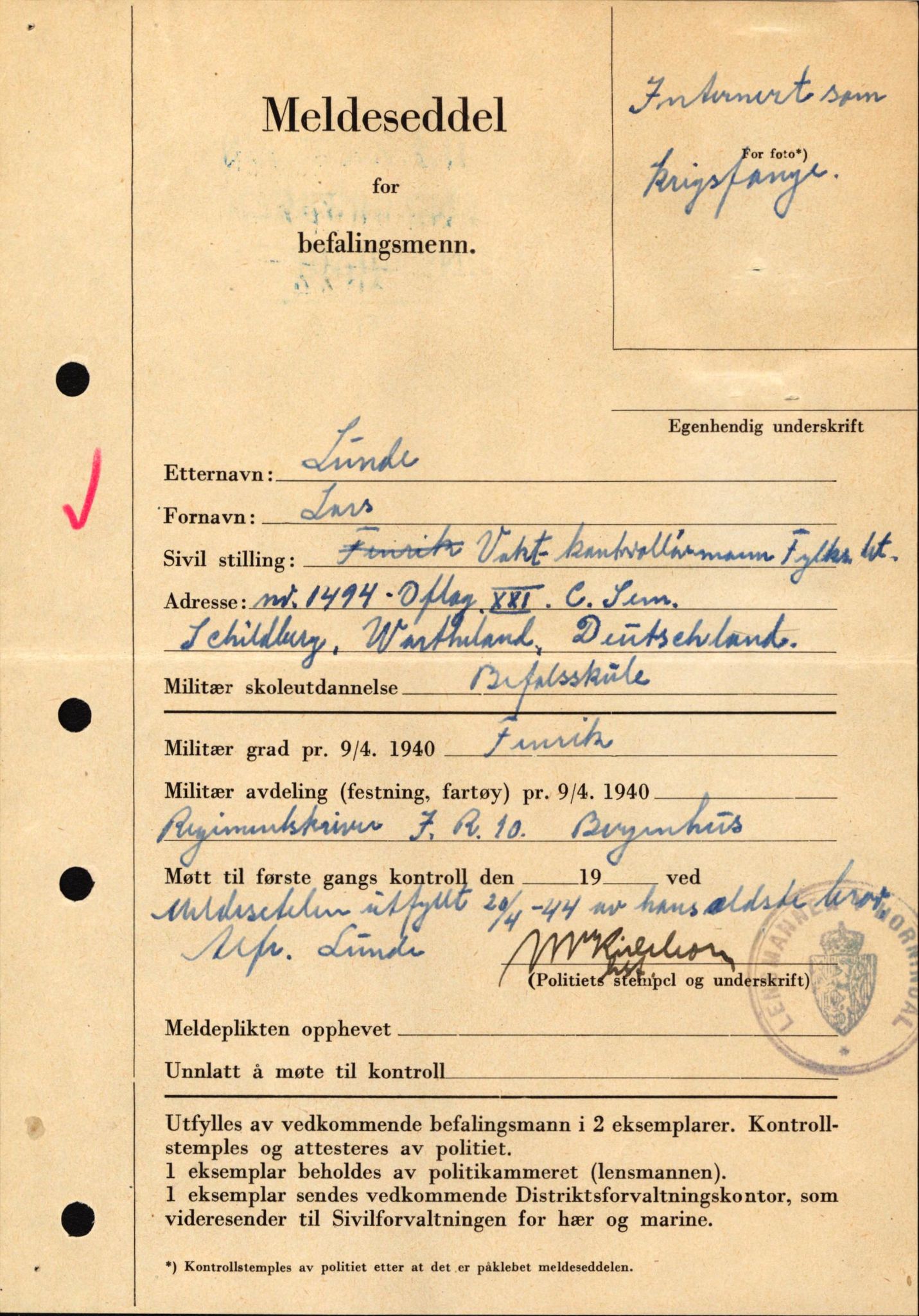 Forsvaret, Forsvarets krigshistoriske avdeling, AV/RA-RAFA-2017/Y/Yf/L0209: II-C-11-2121  -  Okkupasjonstiden.  Meldesedler for befal med foto og oppl. om militær grad 9. apr. 1940., 1944-1945, p. 126