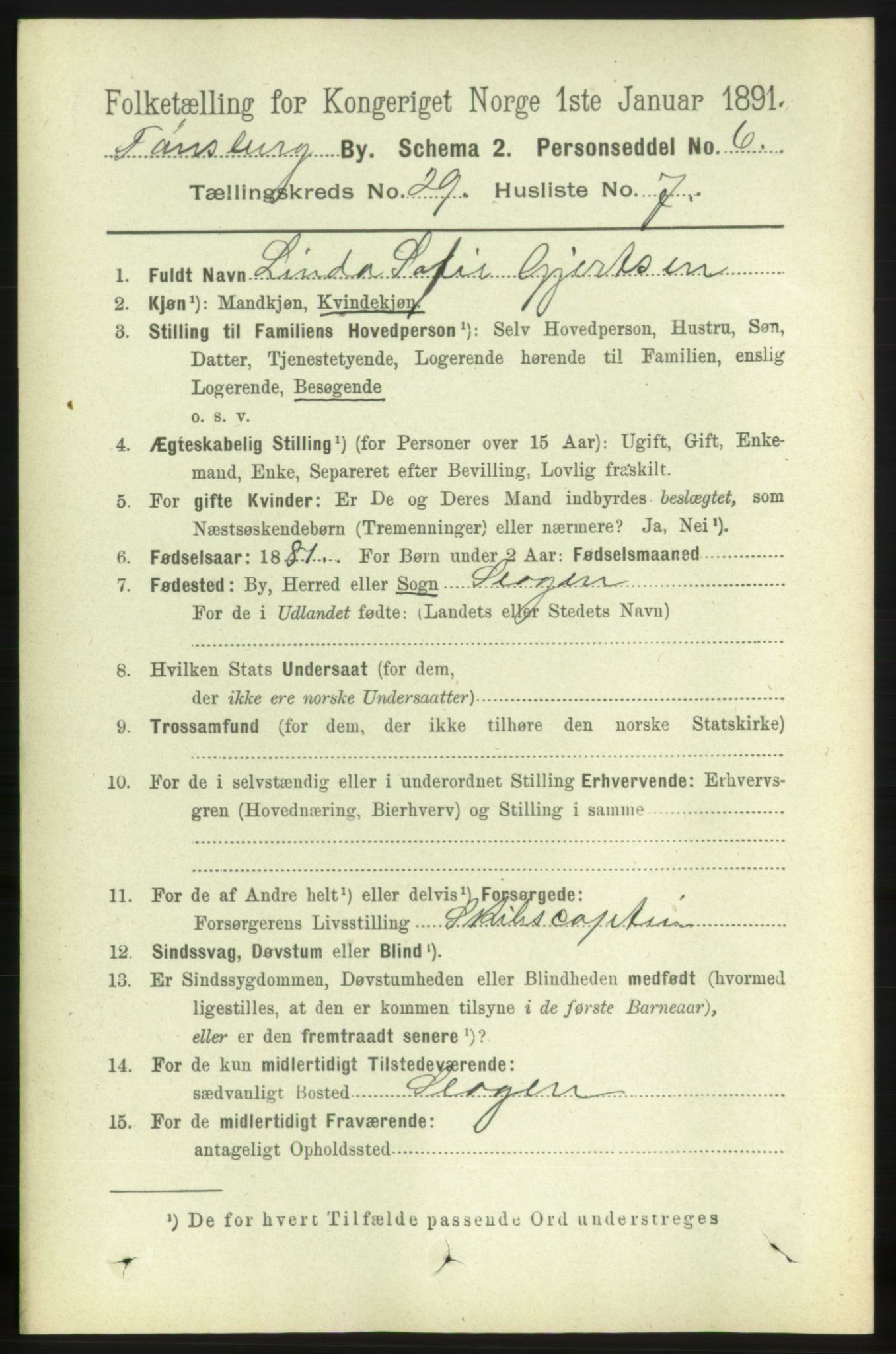 RA, 1891 census for 0705 Tønsberg, 1891, p. 7162