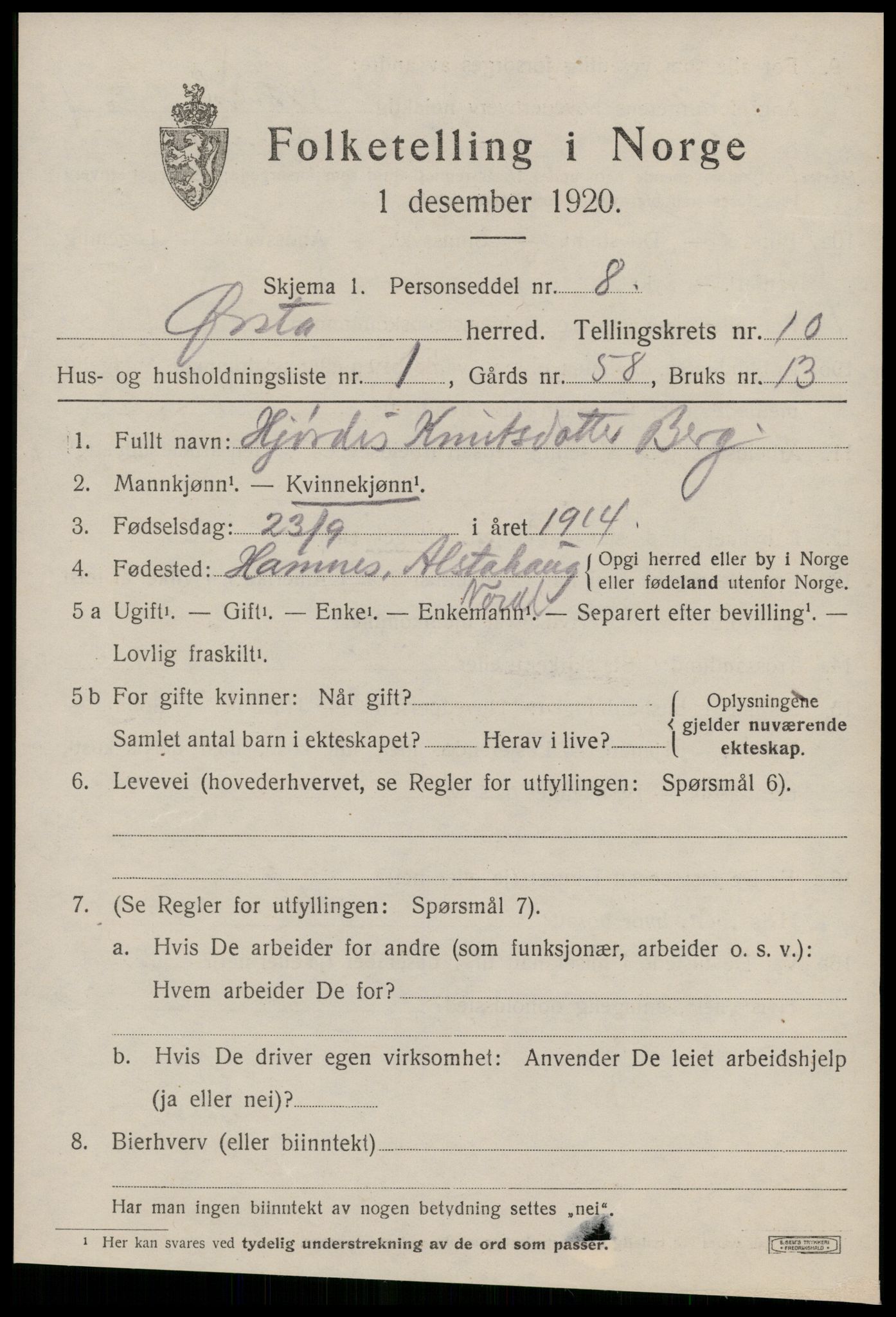 SAT, 1920 census for Ørsta, 1920, p. 6868