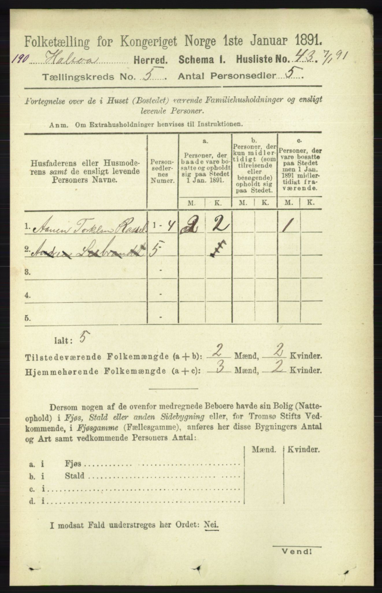 RA, 1891 census for 1019 Halse og Harkmark, 1891, p. 2015