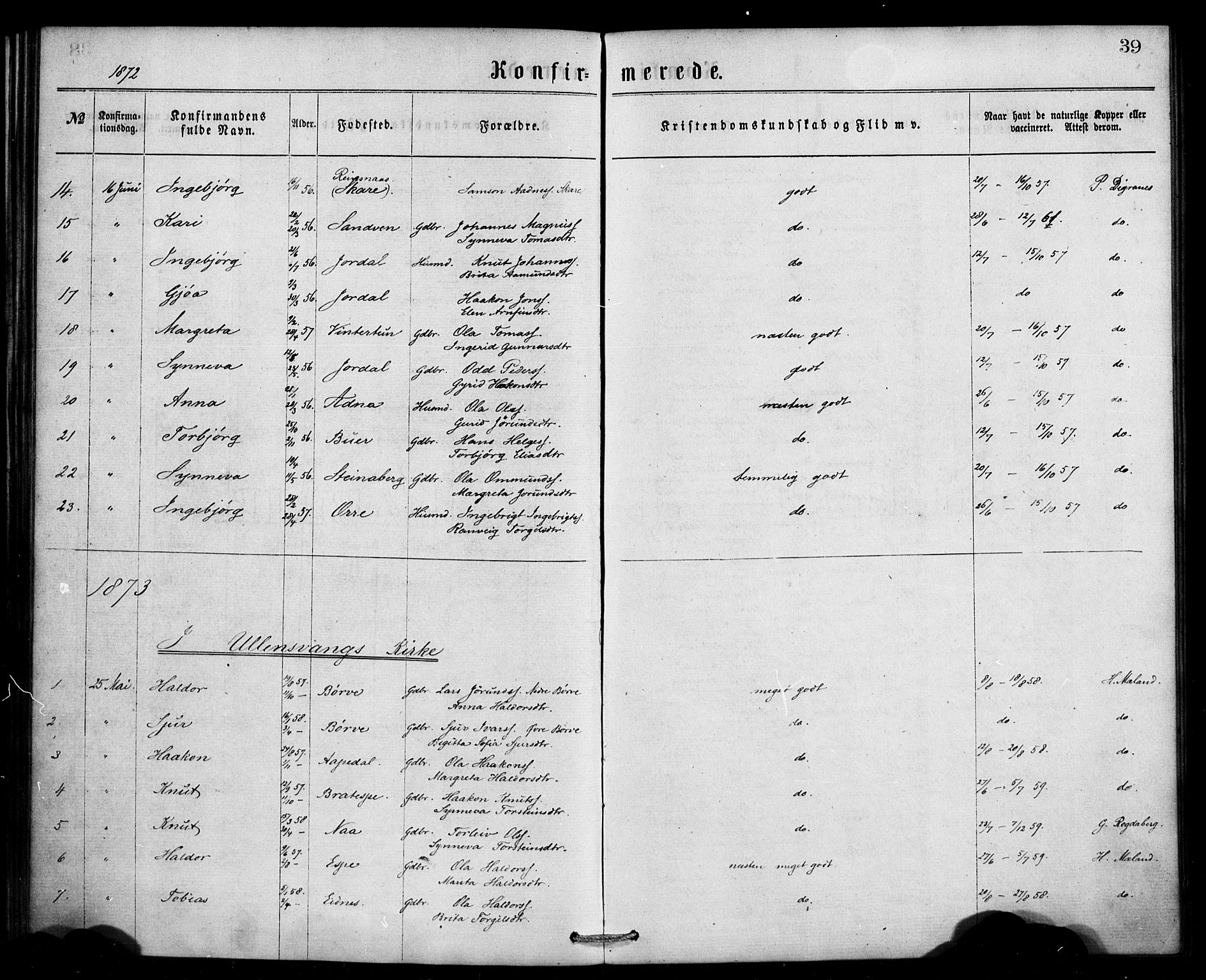 Ullensvang sokneprestembete, SAB/A-78701/H/Haa: Parish register (official) no. A 13, 1867-1879, p. 39
