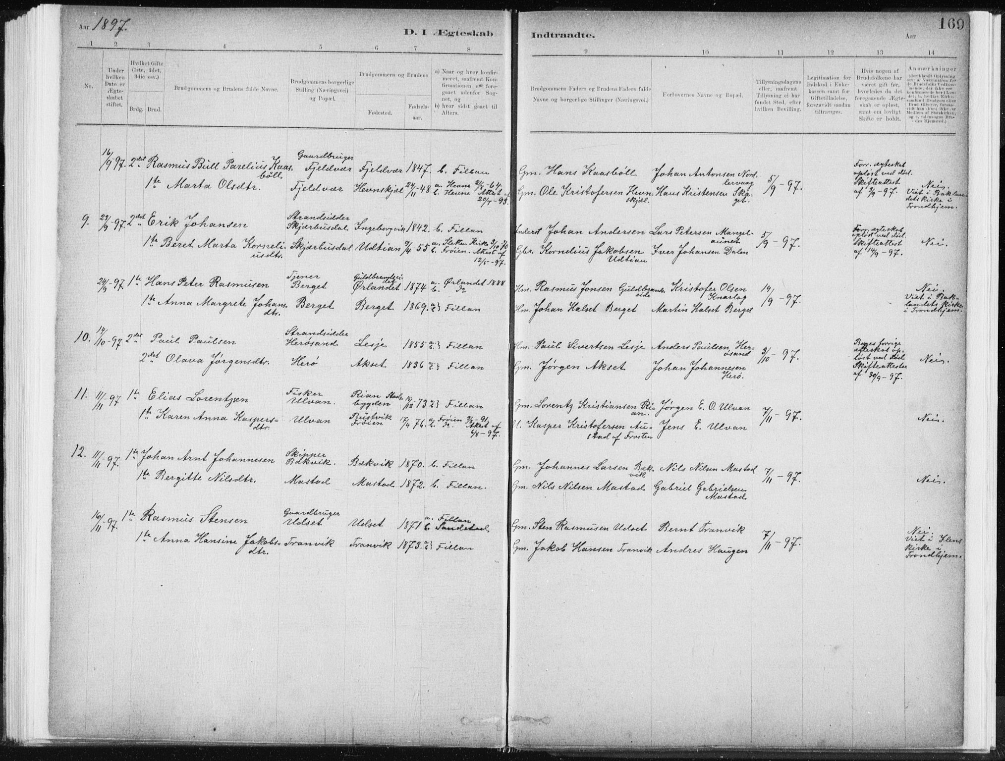 Ministerialprotokoller, klokkerbøker og fødselsregistre - Sør-Trøndelag, AV/SAT-A-1456/637/L0558: Parish register (official) no. 637A01, 1882-1899, p. 169