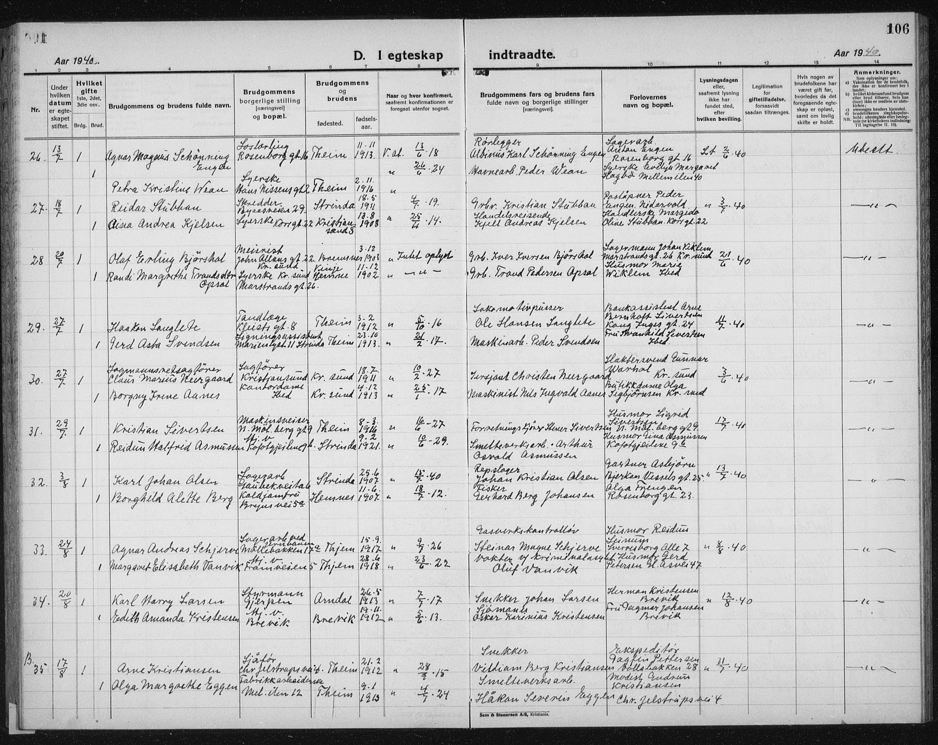 Ministerialprotokoller, klokkerbøker og fødselsregistre - Sør-Trøndelag, SAT/A-1456/603/L0176: Parish register (copy) no. 603C04, 1923-1941, p. 106