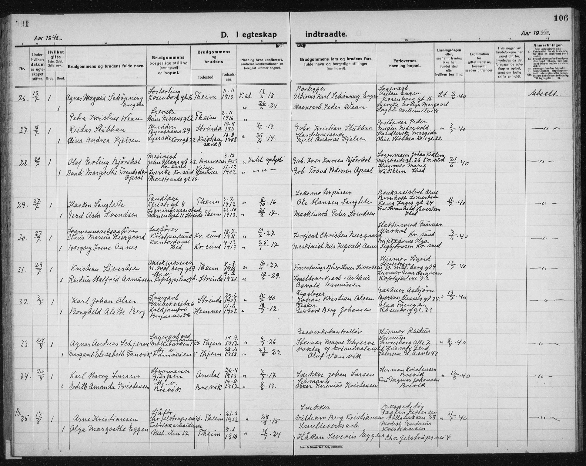 Ministerialprotokoller, klokkerbøker og fødselsregistre - Sør-Trøndelag, AV/SAT-A-1456/603/L0176: Parish register (copy) no. 603C04, 1923-1941, p. 106