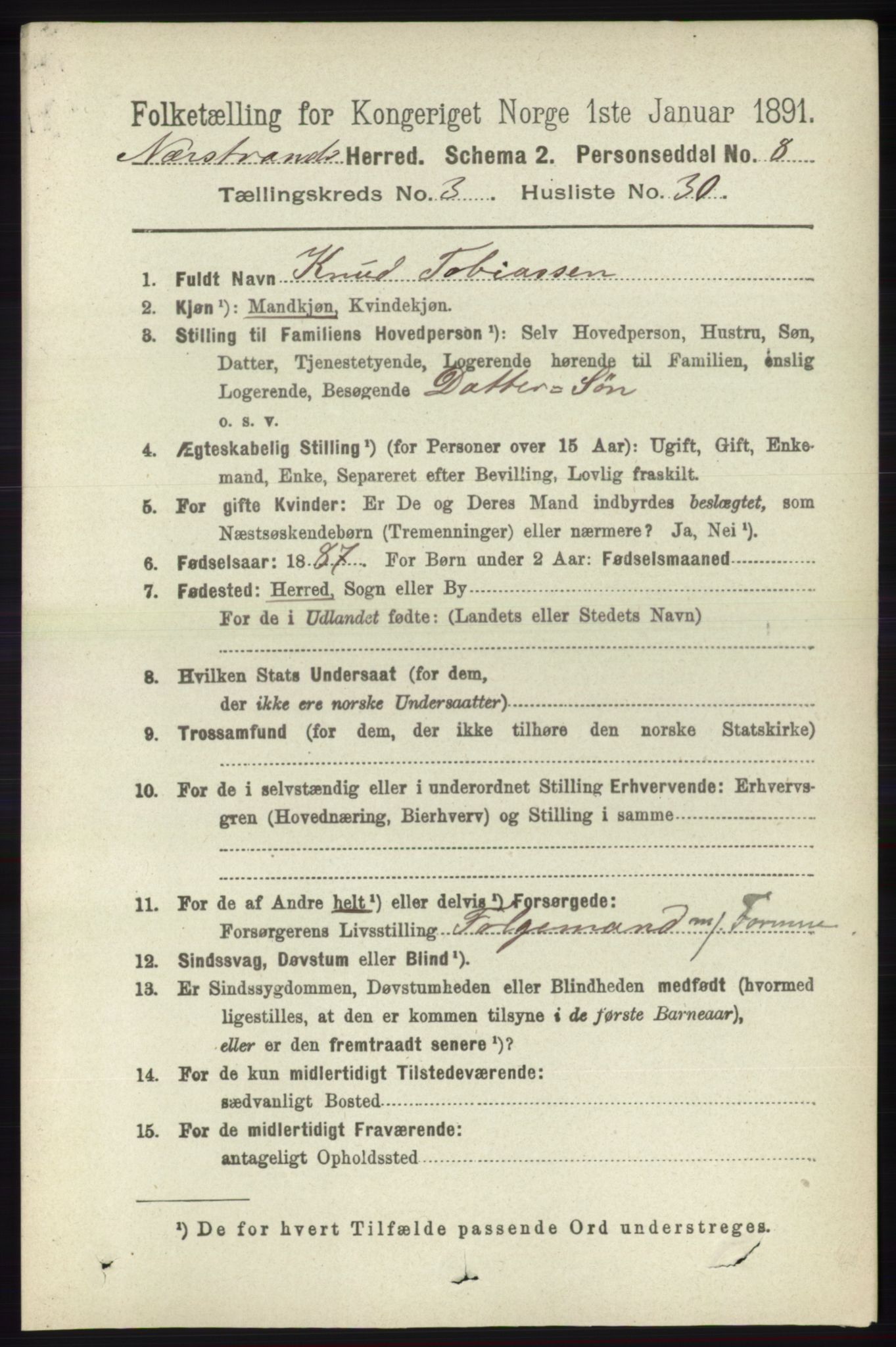 RA, 1891 census for 1139 Nedstrand, 1891, p. 615