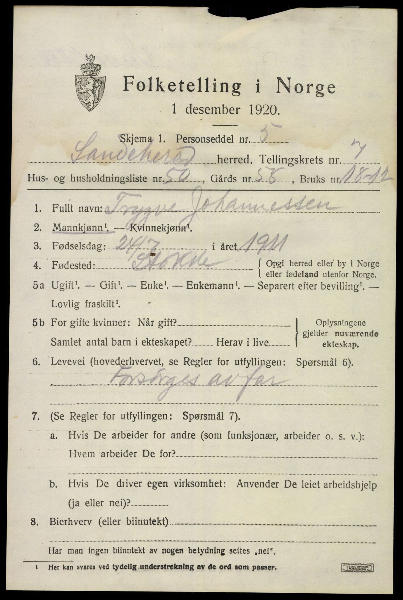 SAKO, 1920 census for Sandeherred, 1920, p. 12524