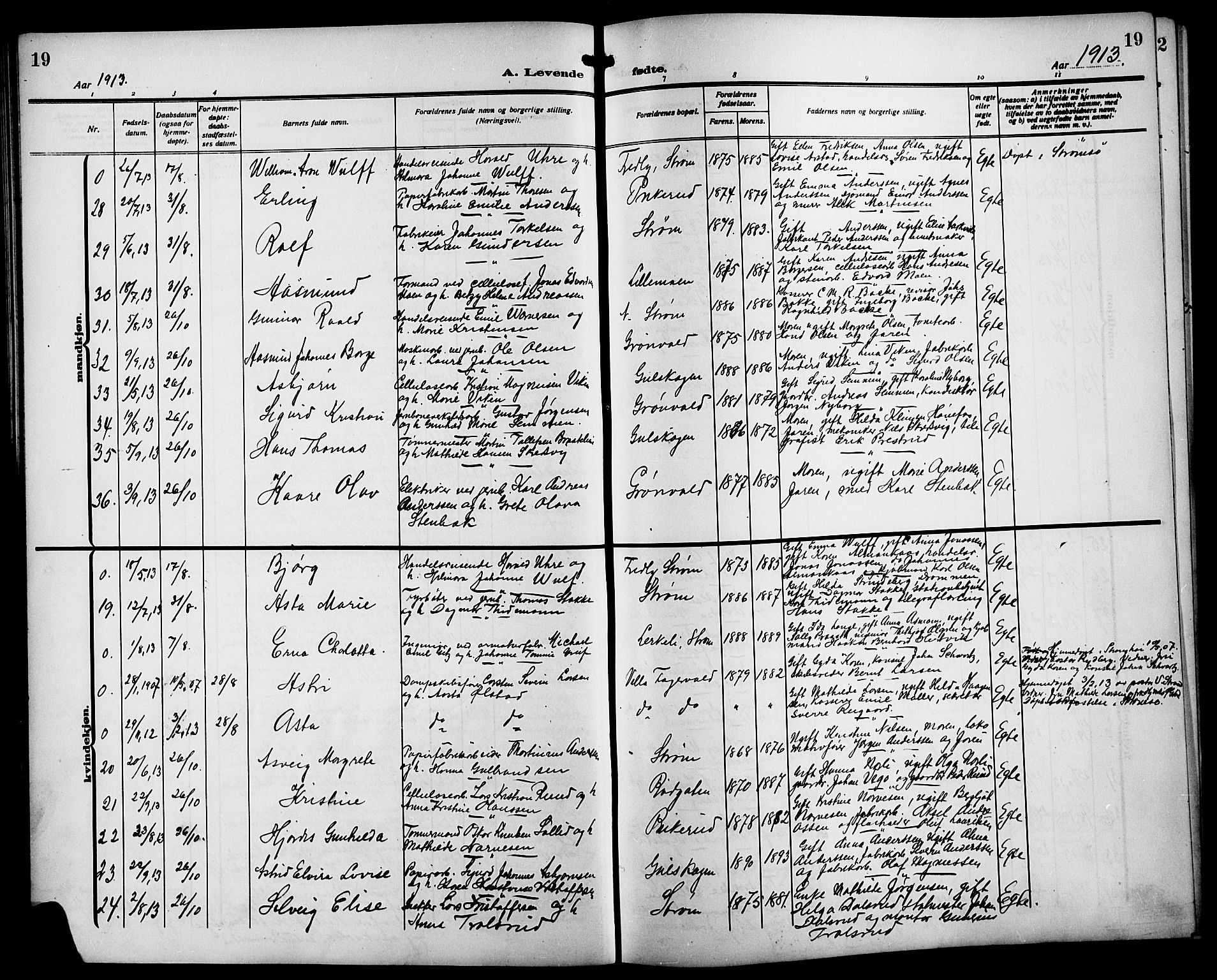 Strømsgodset kirkebøker, AV/SAKO-A-324/G/Ga/L0003: Parish register (copy) no. 3, 1911-1926, p. 19