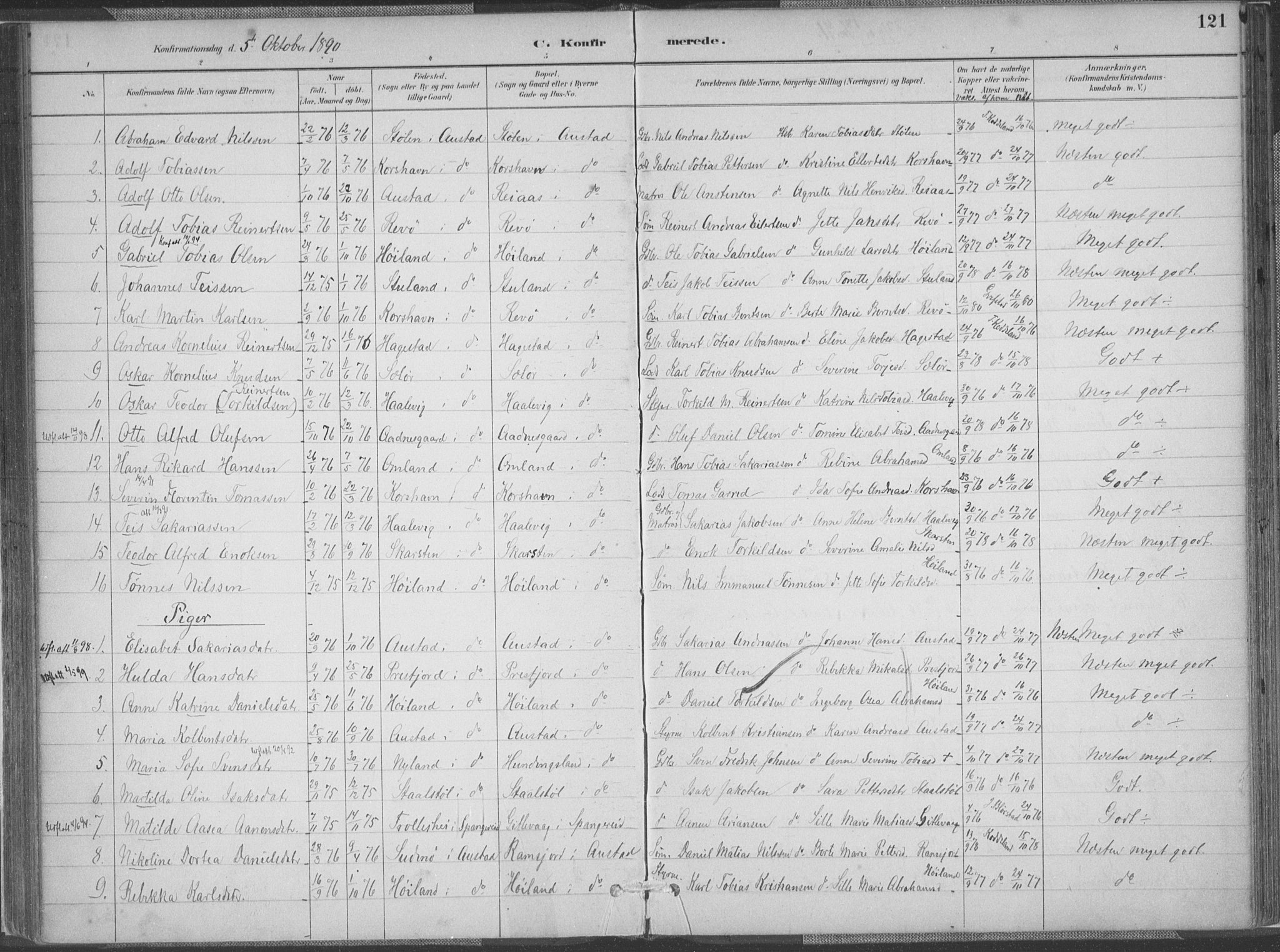 Lyngdal sokneprestkontor, SAK/1111-0029/F/Fa/Faa/L0004: Parish register (official) no. A 4, 1883-1904, p. 121