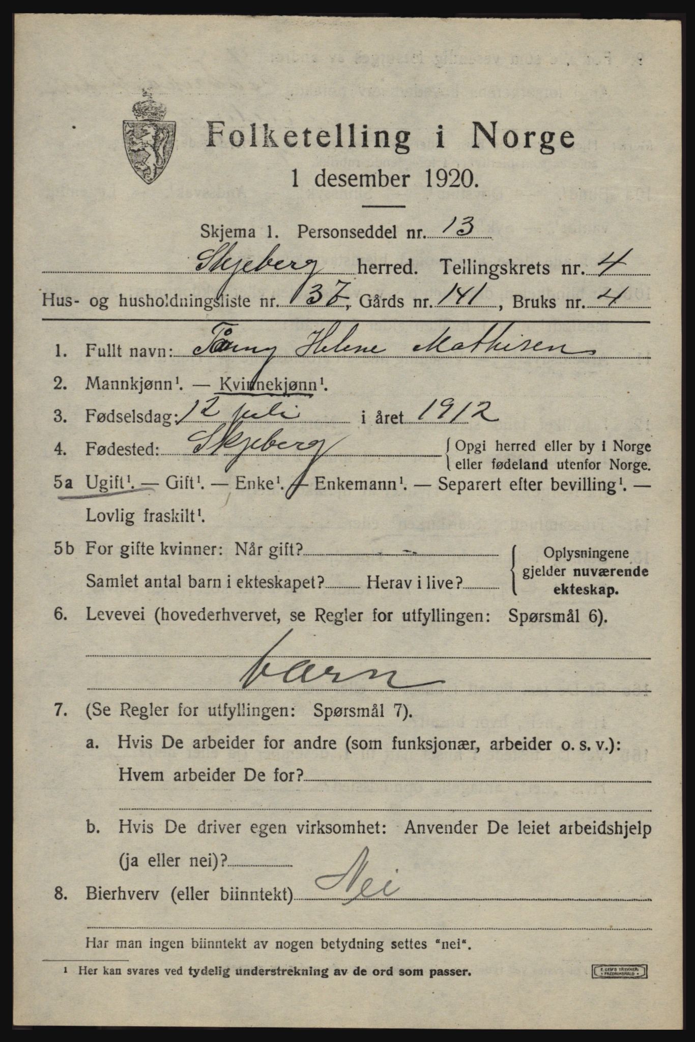 SAO, 1920 census for Skjeberg, 1920, p. 5409