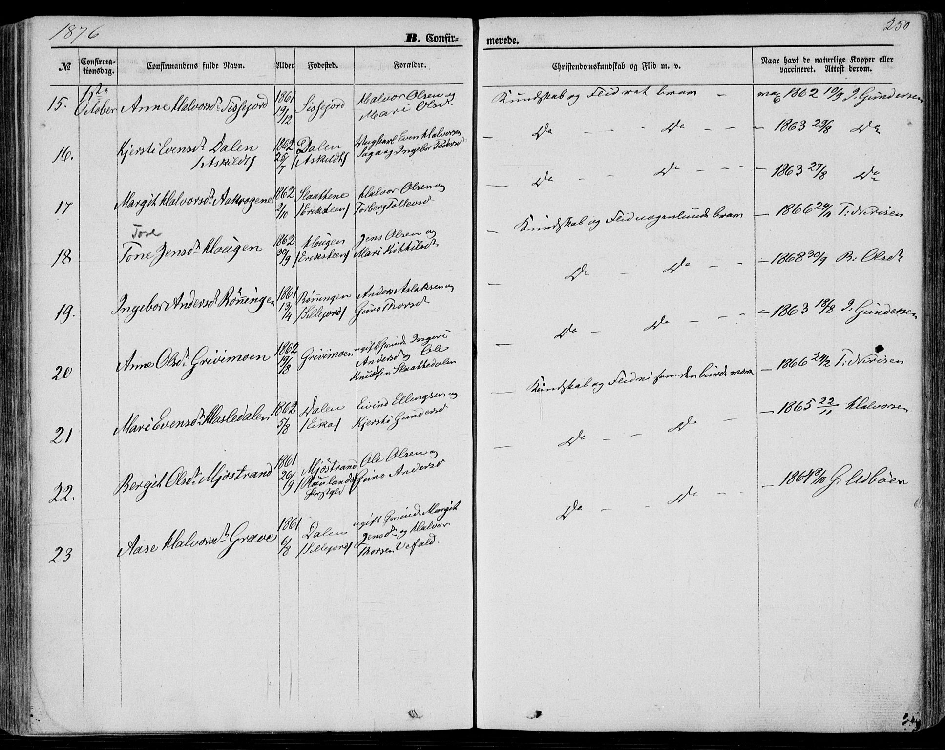 Bø kirkebøker, SAKO/A-257/F/Fa/L0009: Parish register (official) no. 9, 1862-1879, p. 250
