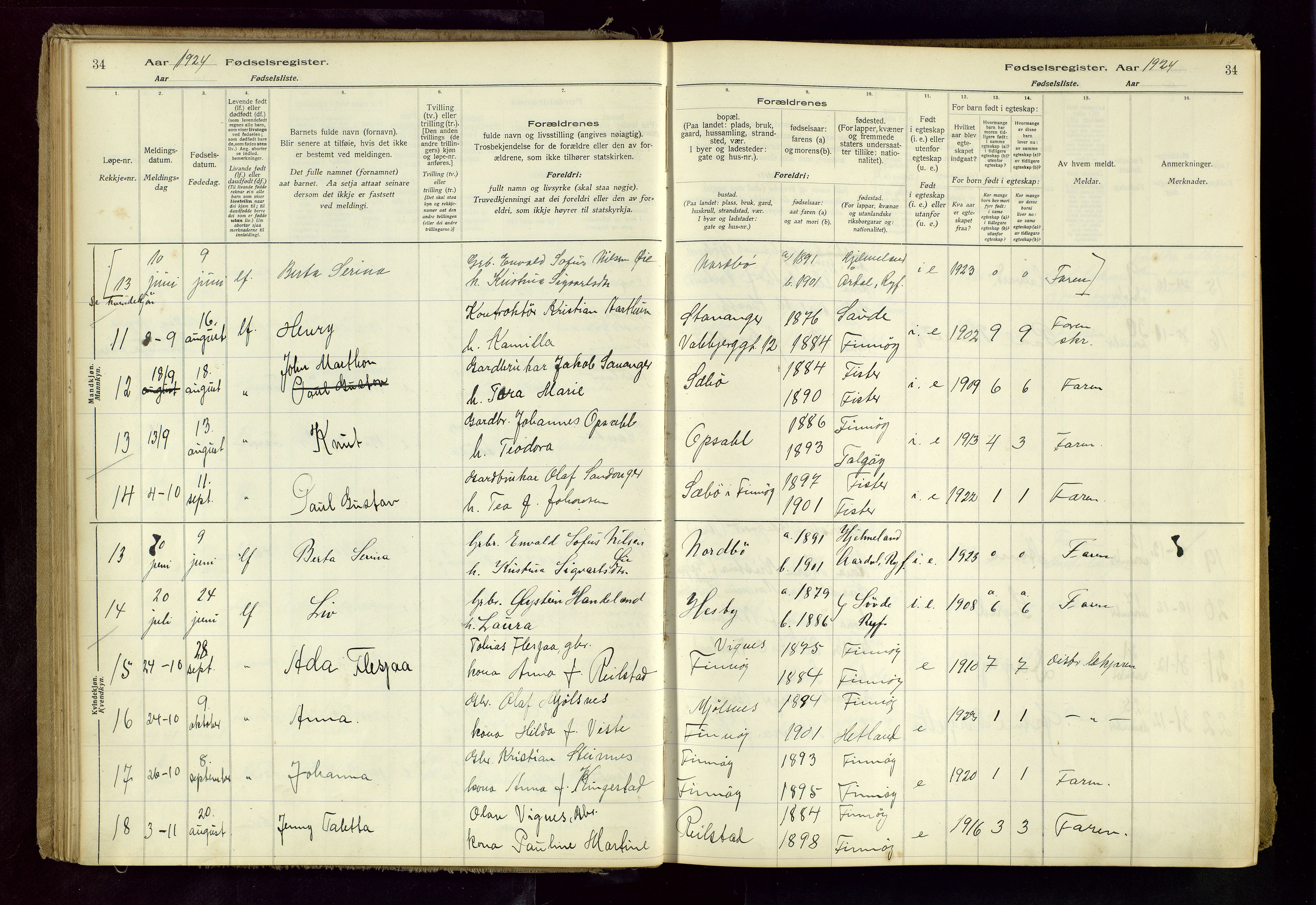 Finnøy sokneprestkontor, AV/SAST-A-101825/I/Id/L0001: Birth register no. 1, 1916-1977, p. 34